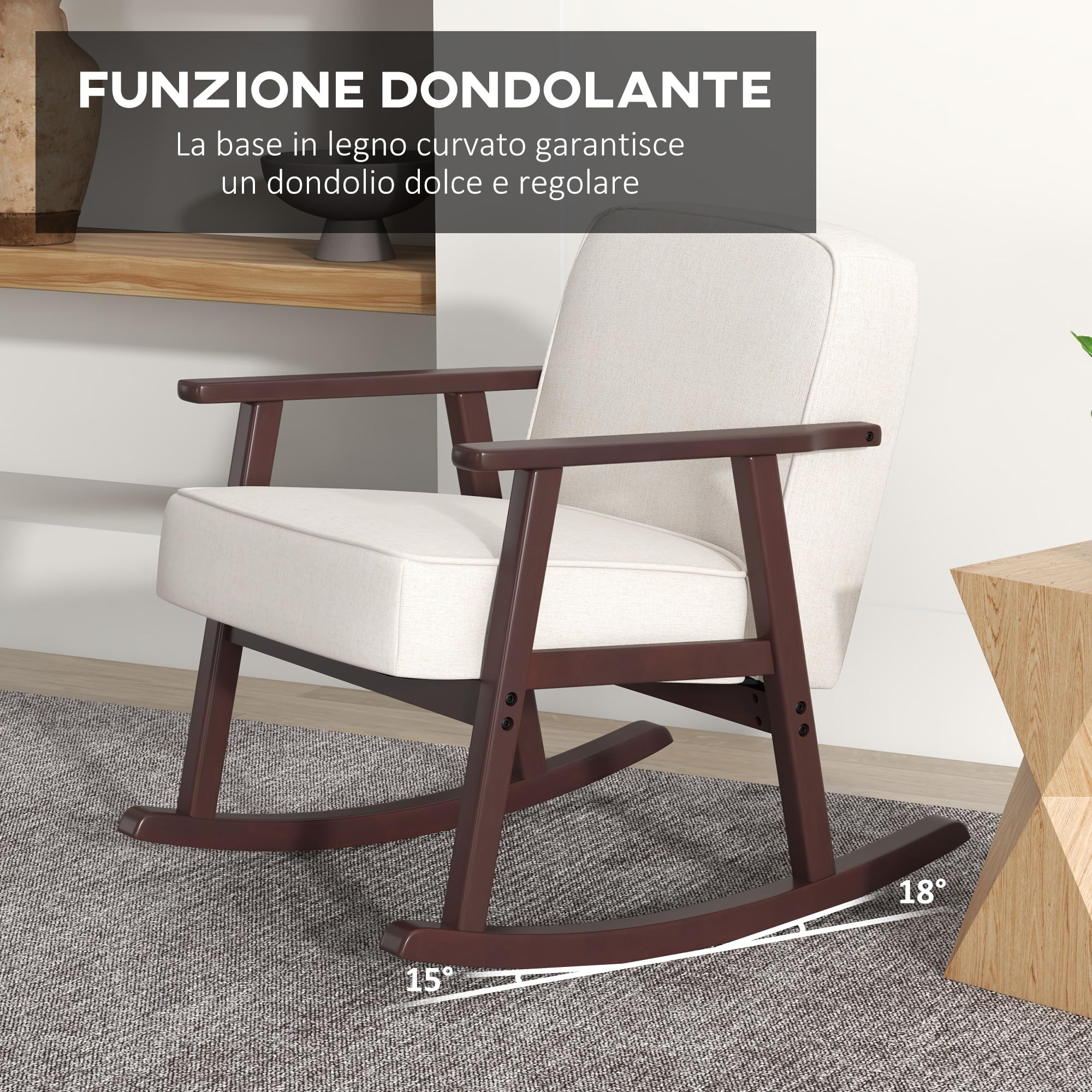 HOMCOM Poltrona a Dondolo per Interni in Tessuto Effetto Lino e Legno con Braccioli e Cuscini, 66x78x76 cm, Beige e Marrone