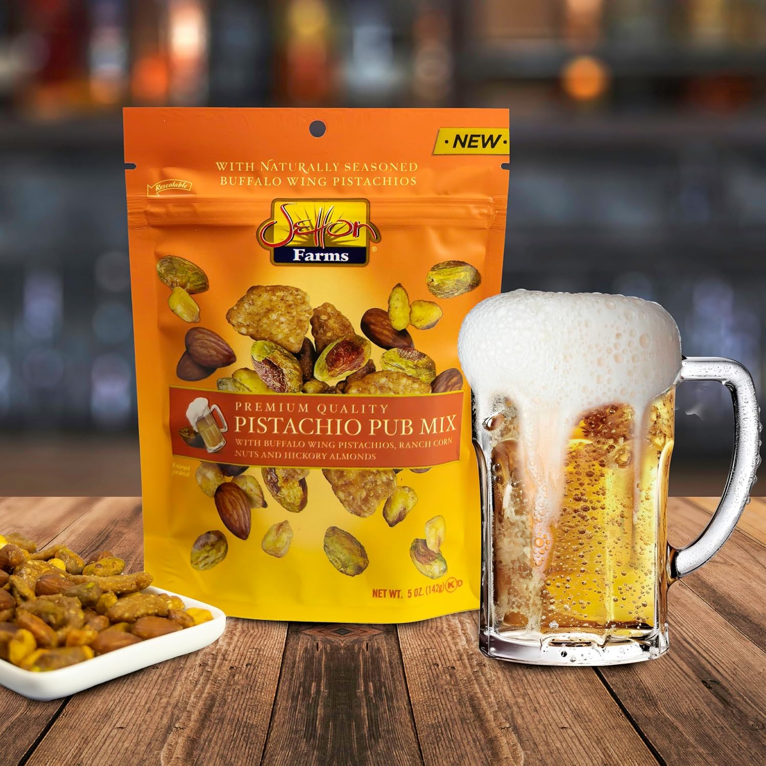 Setton Farms Pistachio Pub Mix 20 Oz. Value Bag. With Buffalo Wing Pistachios, Ranch Corn Nuts, Honey Roasted Sesame Chips and Hickory Almonds.