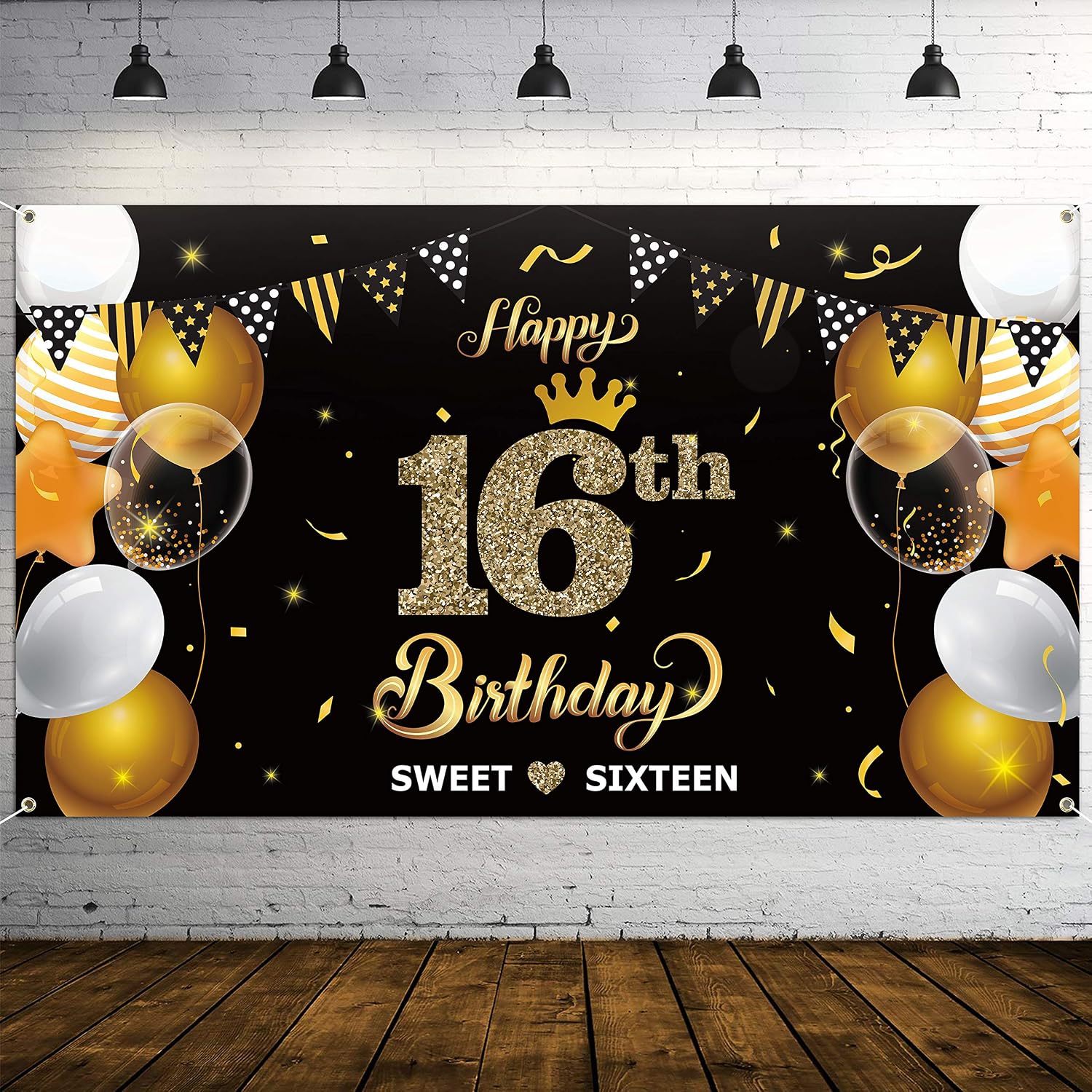 WATINC Happy 16th Birthday Backdrop Banner Background Banners 78” x 45” XtraLarge Backdrops Balloons Black Gold Party Decorations Supplies for Indoor Outdoor Photo Booth Props