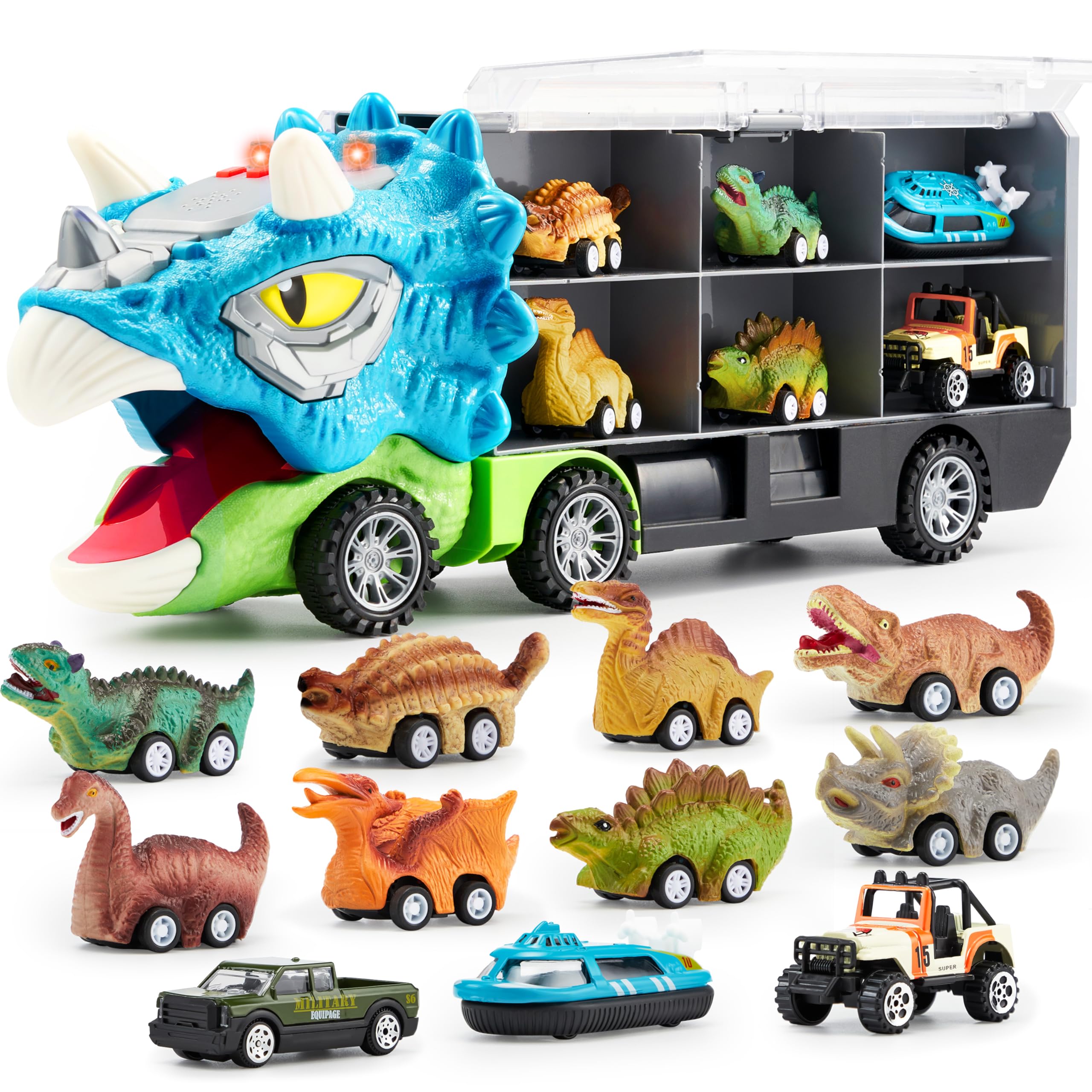 JOYIN 13 in 1 Dinosaur Toys for Kids 3-5, Triceraptor Dinosaur Truck with 12 Pull Back Cars, Birthday Gifts Toys for 3 4 5+ Year Old Boy, Transport Carrier Truck for Toddlers 3-4 Years