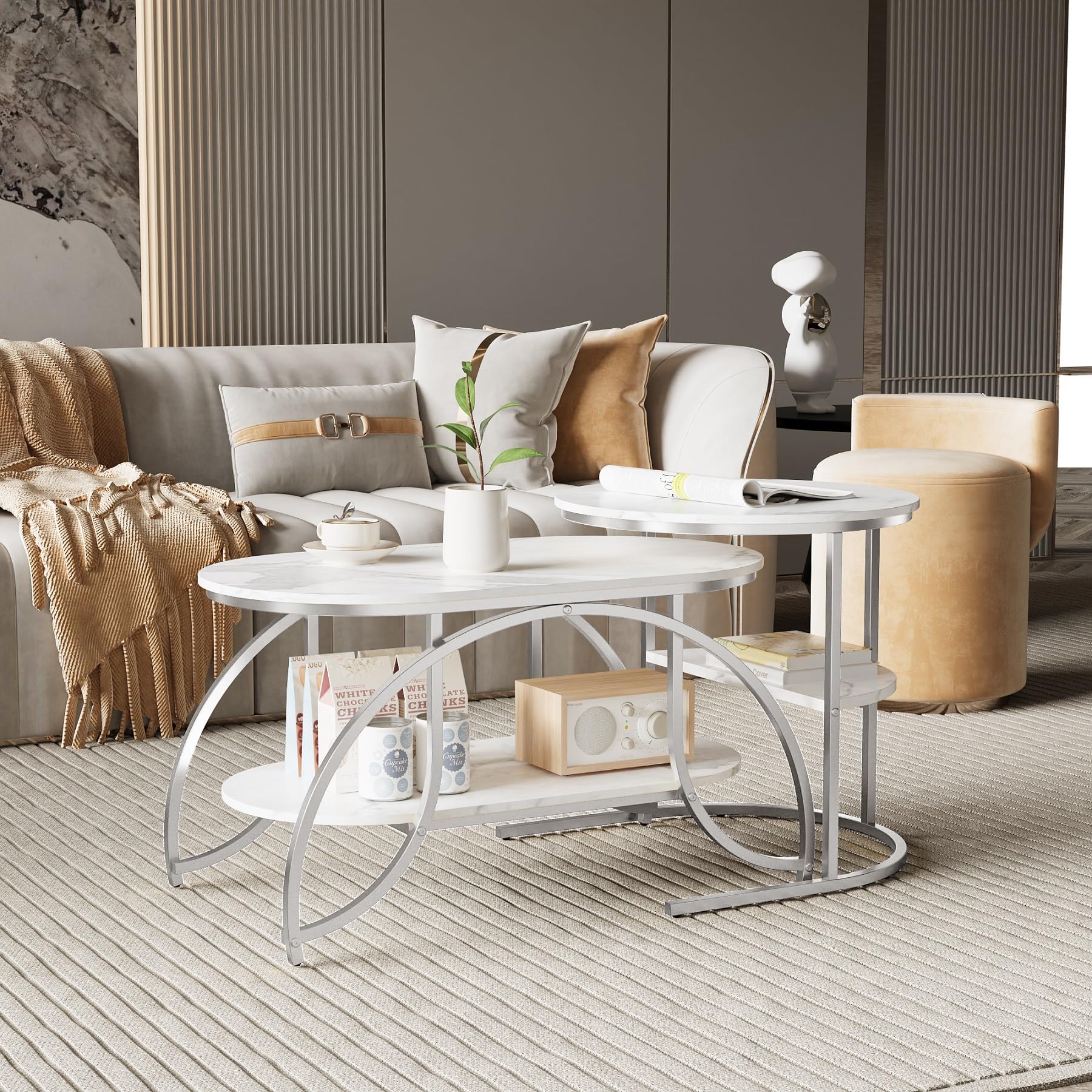 Lot de 2 Tables Basses, Table Gigogne Design Marbre, avec Espace de Rangement, Cadre en Métal, pour Canapé, Salon, Chambre (Argent + Blanc, 80x46x45 cm)