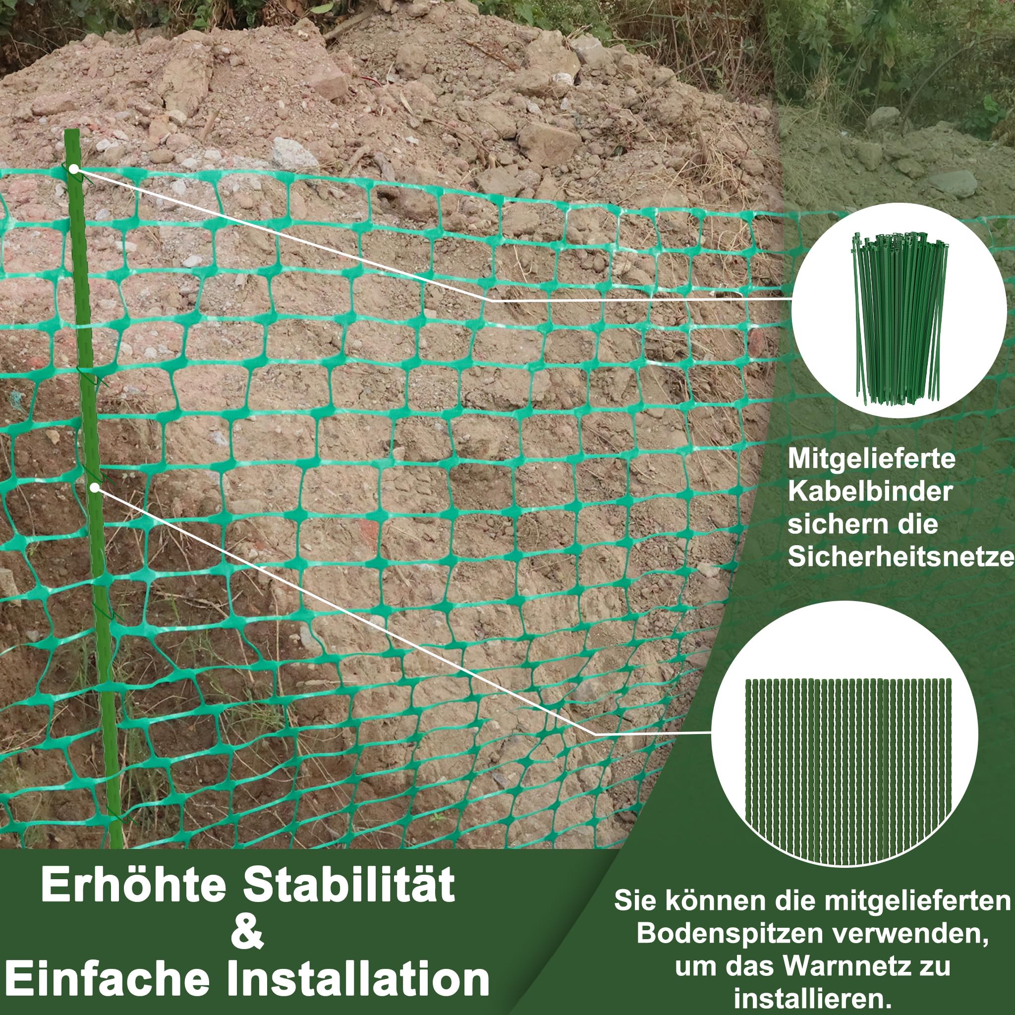 XMTECH Filet d'avertissement de sécurité 50 m - 1 m de haut avec 50 piquets, vert, clôture de chantier, filet de protection pour zones de sécurité et de danger (1 rouleau)