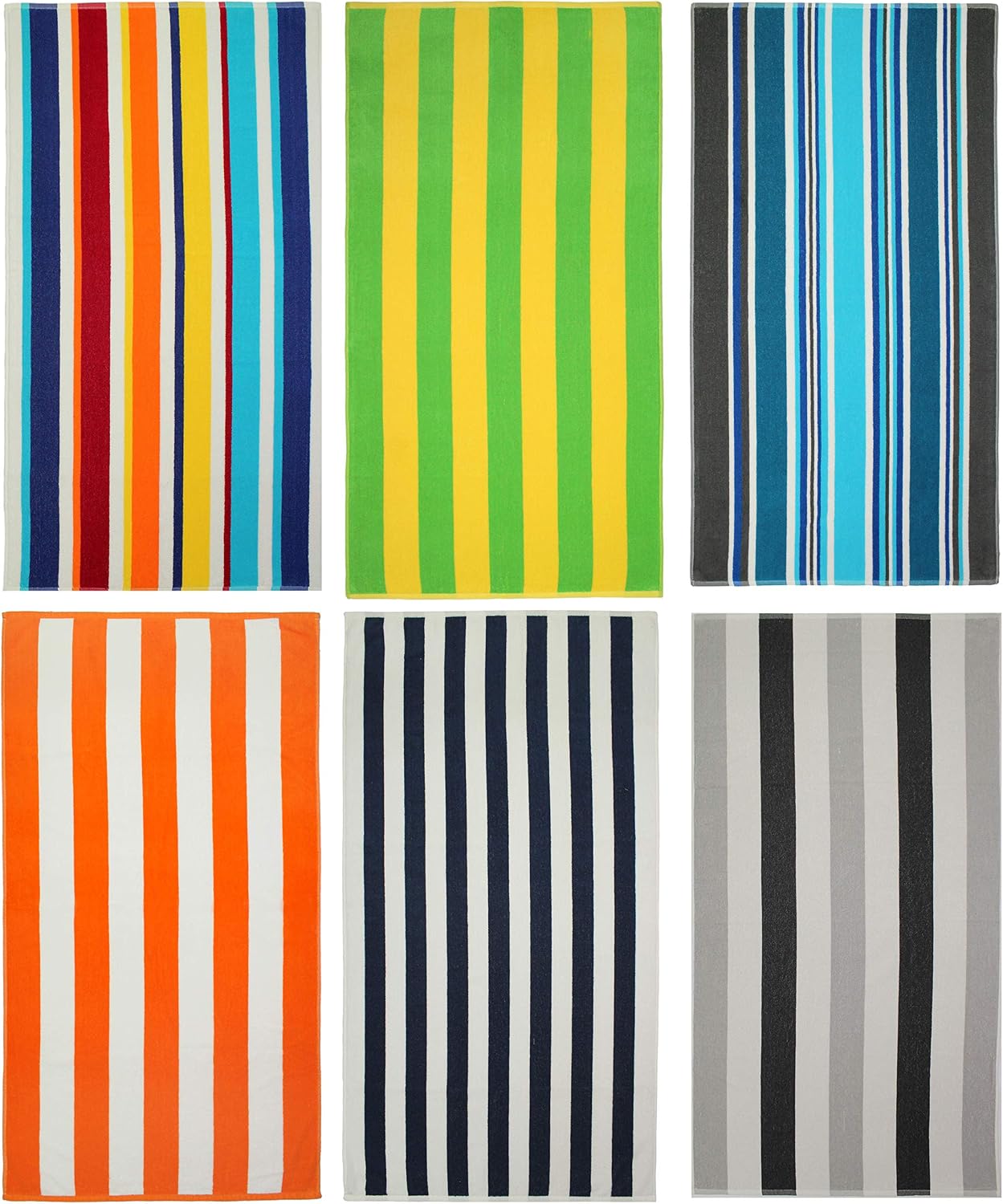 COTTON CRAFT Beach Towel 30x60-6 Pack - 100% Ringspun Cotton Terry - Pool Picnic Bath Party - Colorful Absorbent Quick Dry Easy Care - Plush Super Soft Luxury Gift - 400 GSM - Multi Stripe