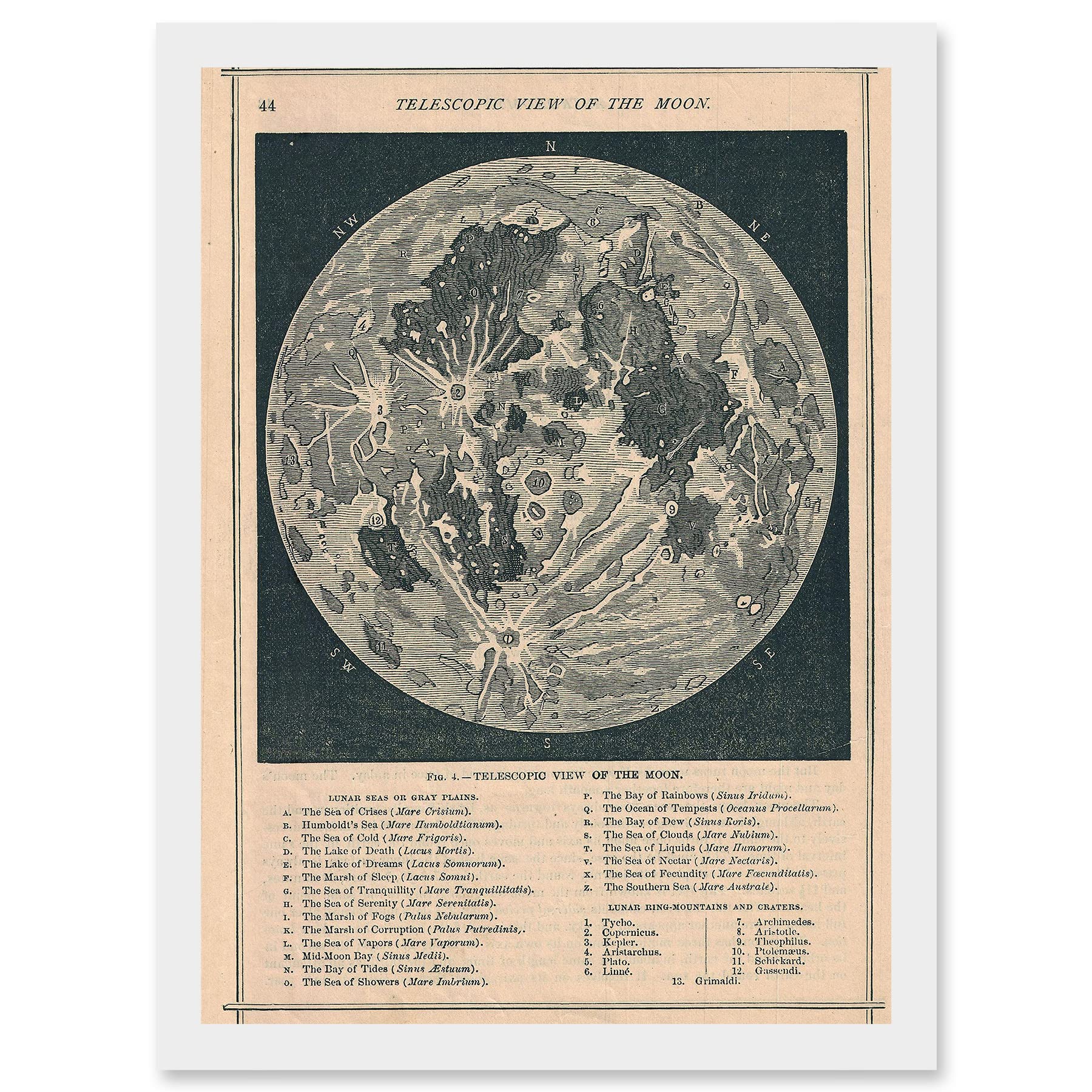 Artery8 Map Illustrated Antique Telescopic Moon A4 Artwork Framed Wall Art Print