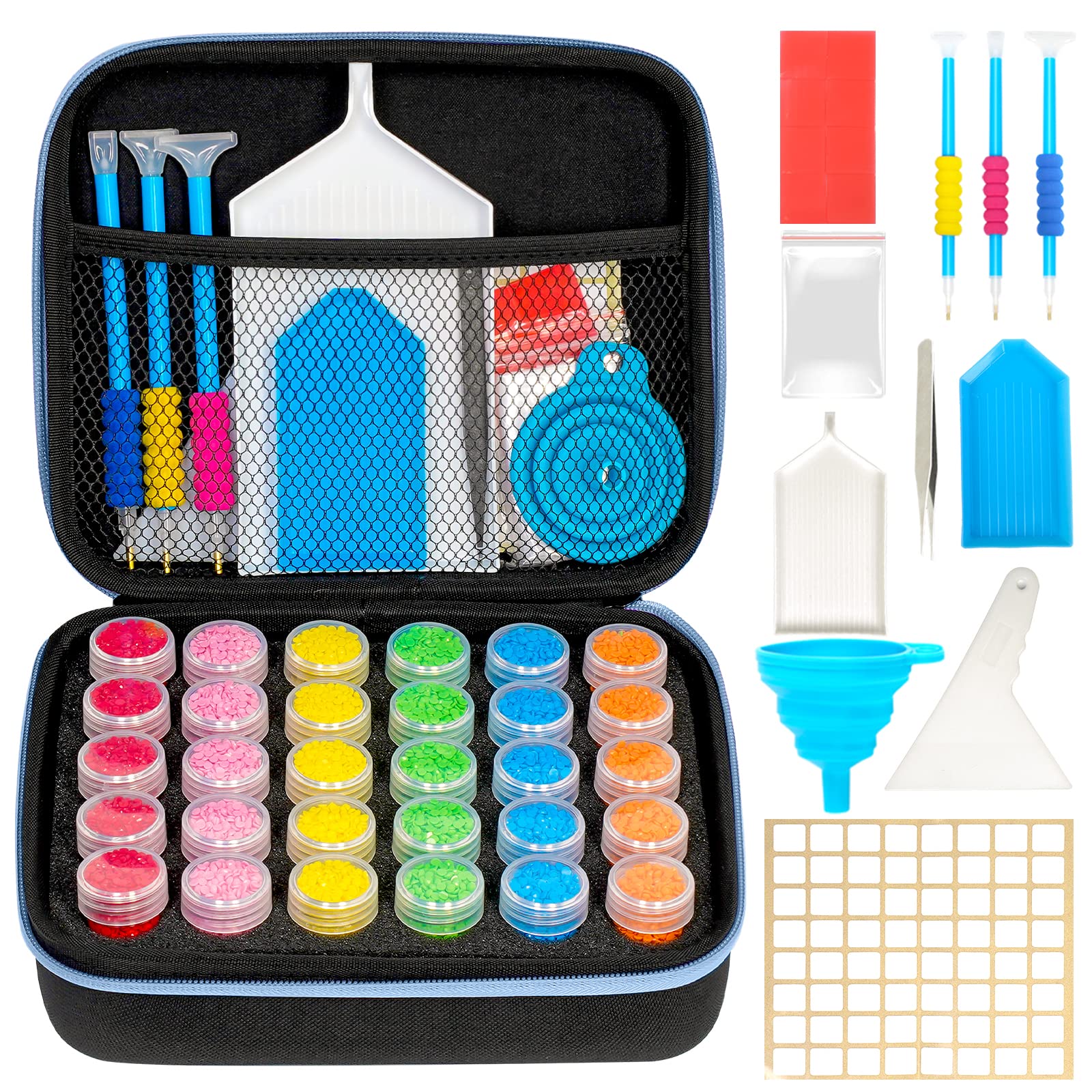 MoeeBtee Diamond Painting Storage Containers, 30 Slots Diamond Painting Accessories with Tools for Diamond Art Organizer Craft Jewelry Beads Storage Case - Blue