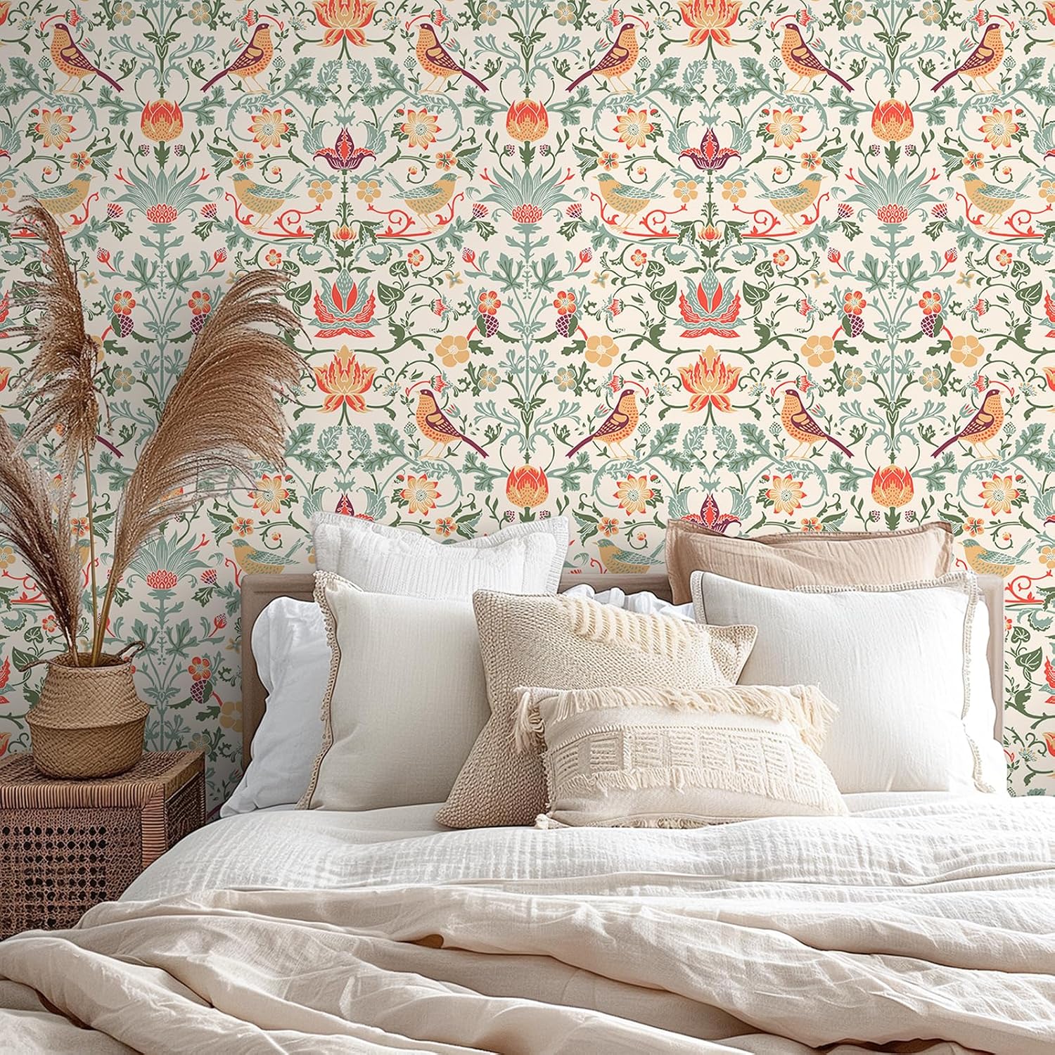 VEELIKE 17.7''x354'' Boho Bird Wallpaper Peel and Stick Vintage Strawberry Thief William Morris Wallpaper for Bedroom Removable Self Adhesive Floral Art Nouveau Wall Mural for Bathroom Living Room