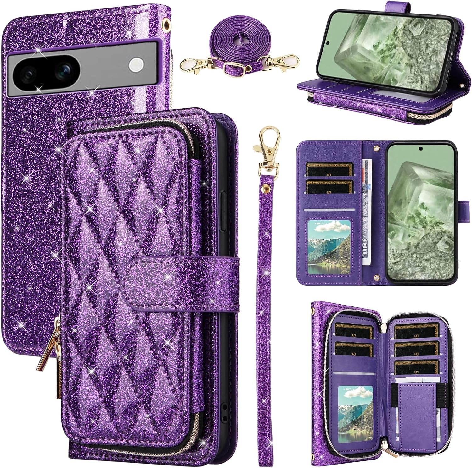 Wallet Case for Google Pixel 6A 5G 2022 with Detachable Wrist Strap,Crossbody Shoulder Strap,9+ Card Slots Zipper Purse Luxury PU Leather Stand Cell Phone Cover for Pixel6A A6 Women Purple