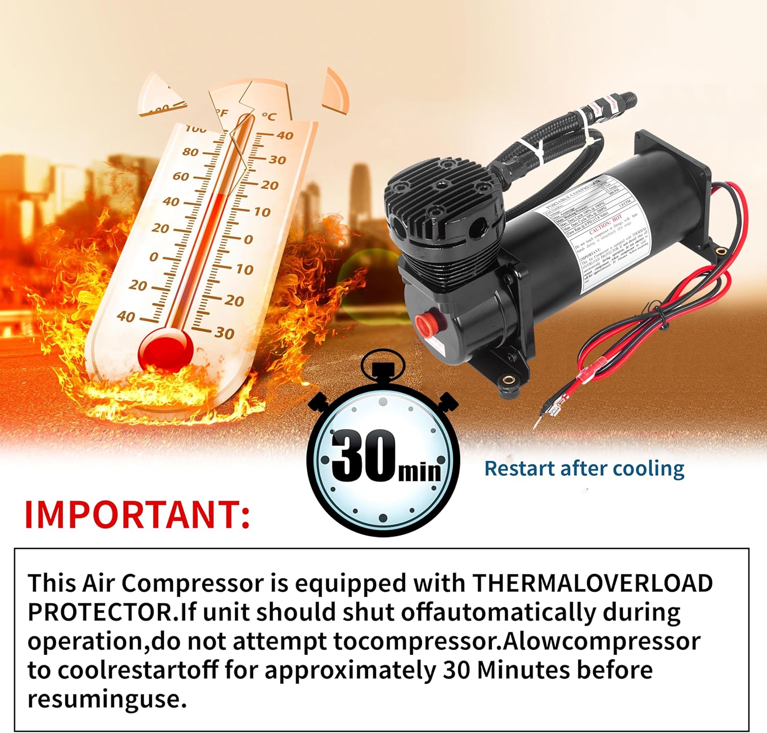 200PSI 3/8 NPT Heavy Duty Air Train Horn/Air Ride Suspension Compressor for Train/Truck/Car 12V Black - Image 4