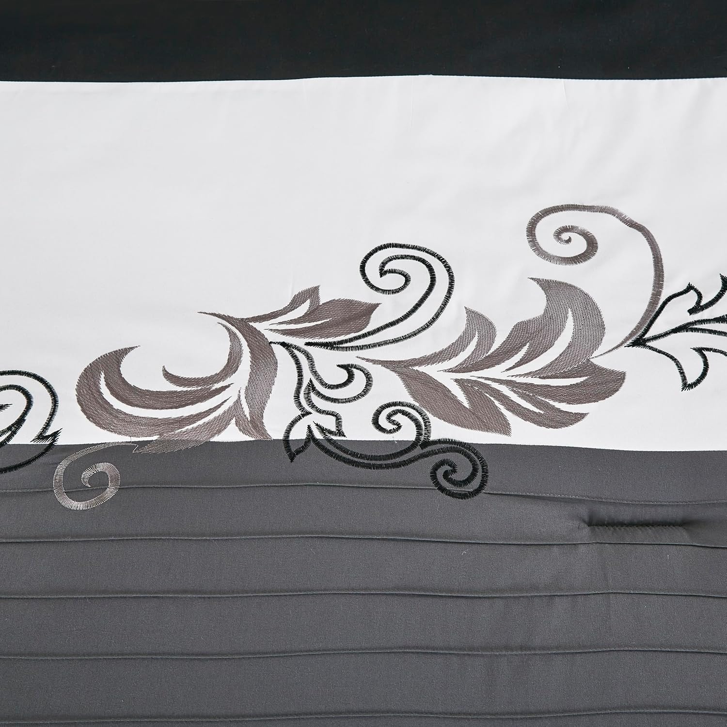Chezmoi Collection Napa 7-Piece Luxury Leaves Scroll Embroidery Bedding Comforter Set (Queen, Black/Gray/White) - Image 4