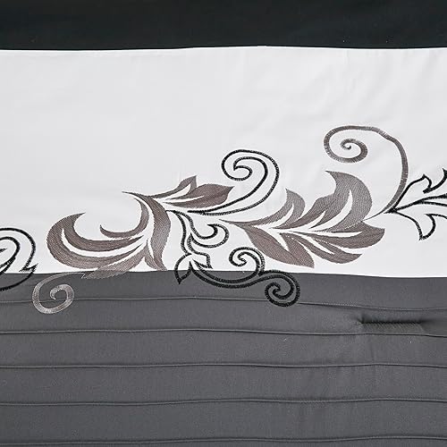 Vista 4 de Chezmoi Collection Napa - Juego de edredón de lujo de 7 piezas con bordado de hojas (tamaño matrimonial, negro/gris/blanco)