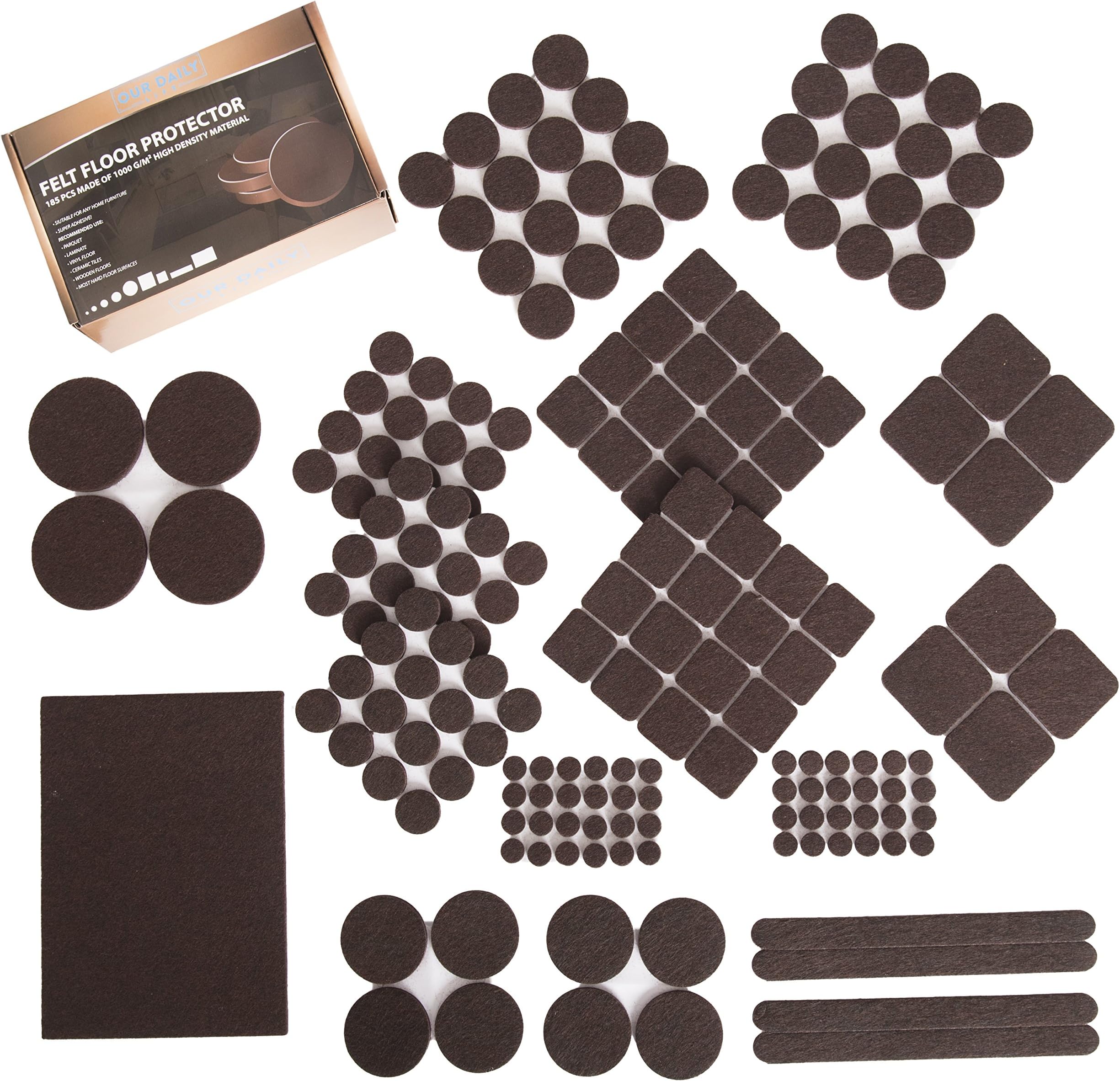 Furniture Felt Pads XL Set 185 pcs Pack! Floor Protector for Wood, Tile Floor and All Hard Surfaces. Brown Premium Felt and Heavy Duty Adhesive - for Chair Legs, Tables, Sofas, Desks and More