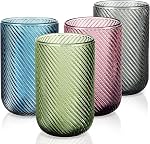 Joeyan Vintage Drinking Glasses Set of 4, 410ml/14oz Ribbed Embossed Highball Glass Water Tumbler, Colored Tall Glassware Beverages Cups for Whisky, Cocktail, Beer, Juice, Tea, Wine, Green