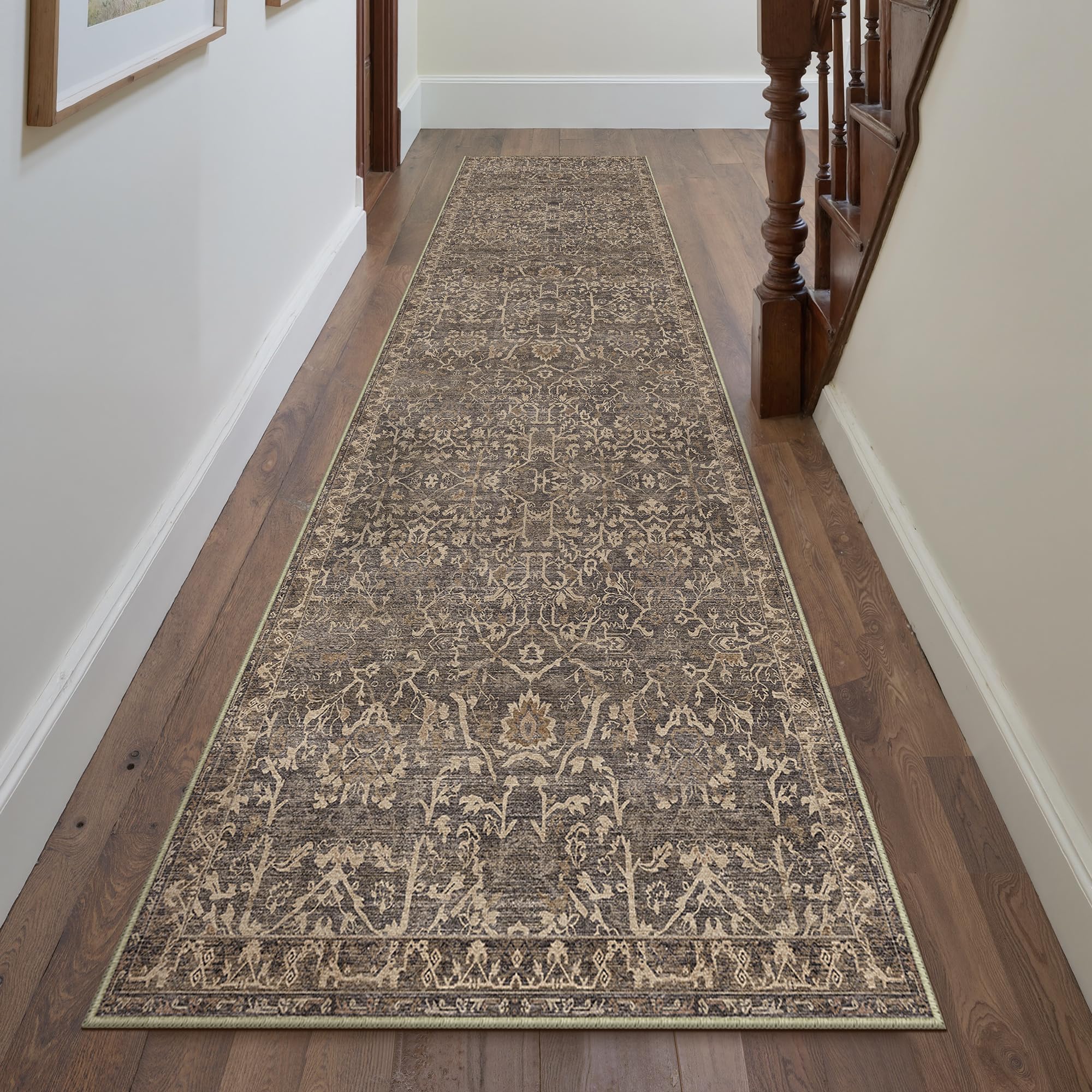 hugear 2'6''x12 runner rug machine washable retro brown hallway area rug indoor vintage rug floral low pile carpet soft throw rug bedroom living room office dining room kitchen laundry room non slip