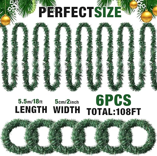 Miniatura 2 de Guirnalda de Navidad de 108 pies, 6 hebras, guirnalda de oropel decorativa para festividades, guirnalda de pino vegetal, decoración de árbol de