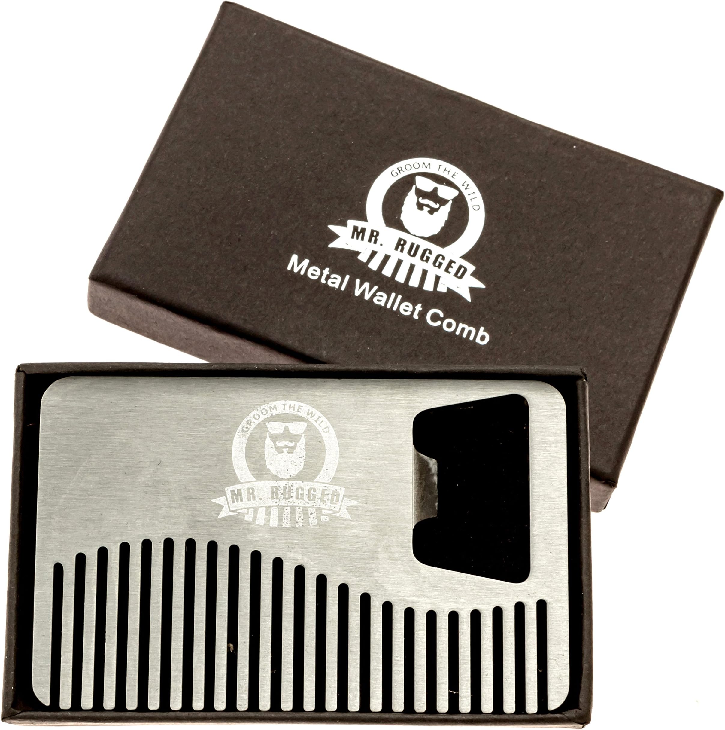 Mr Rugged Compact Stainless Steel Heavy Duty Beard Comb - Credit-Card Sized Metal Comb Fits in Your Wallet for Use on the Go - Bottle Opener Built-in