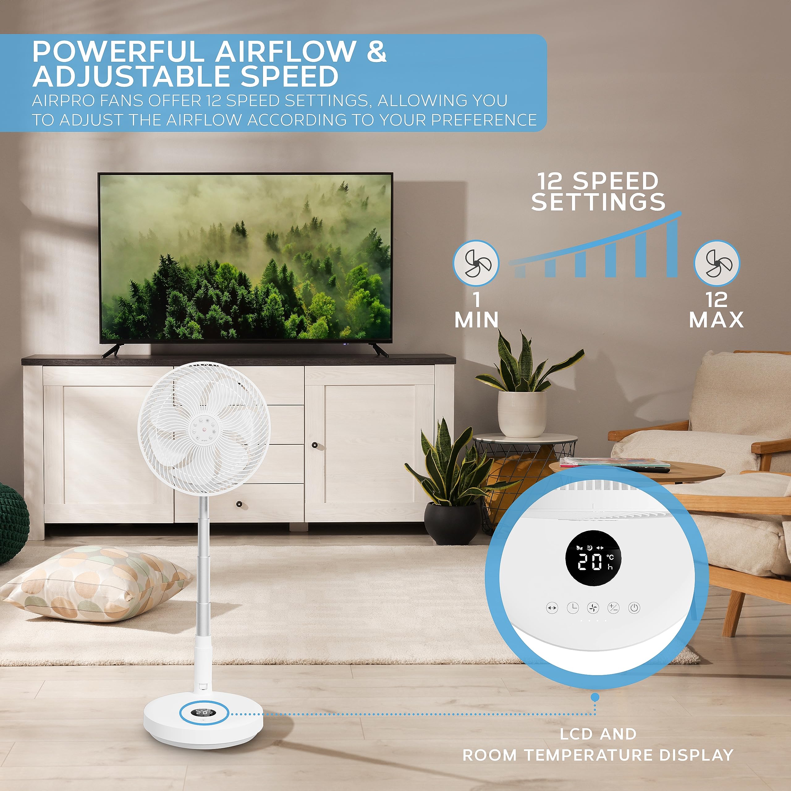 Air Pro 16" Pedestal Fan Oscillating Fan 50W Ultra Quiet Air Cooling & Circulator 50” Tall Adjustable Height Cooling Fan 3 Speeds 70° Oscillation Variable Tilt Suitable for Office Home Bedroom