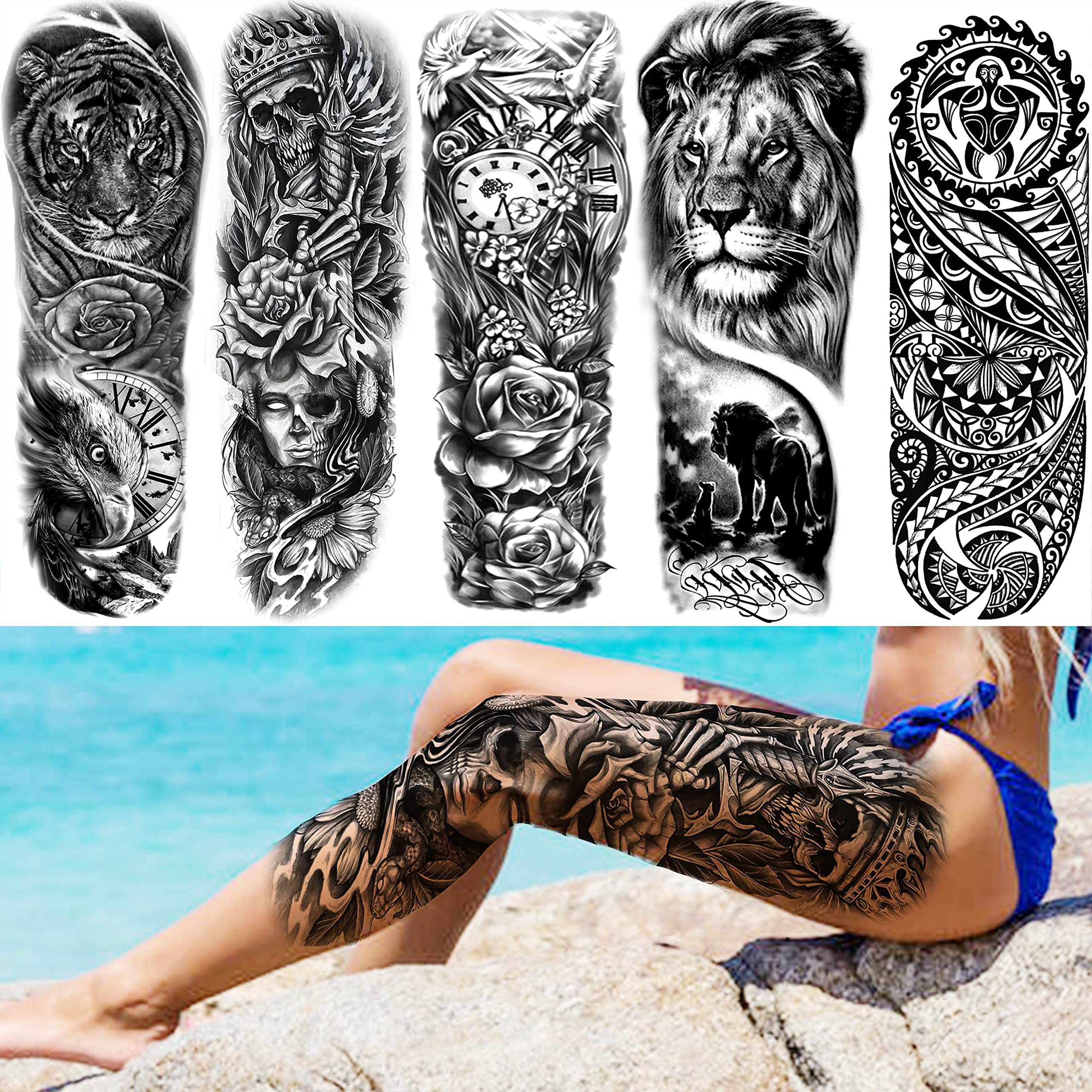 LAROI 22 Feuilles Tatouages Éphémères 3D Réalistes – Lot Mixte Grand Modèle Bras + Petit Enfant – Tigre, Lion, Crâne, Fleur, Boussole, Serpent, Croix