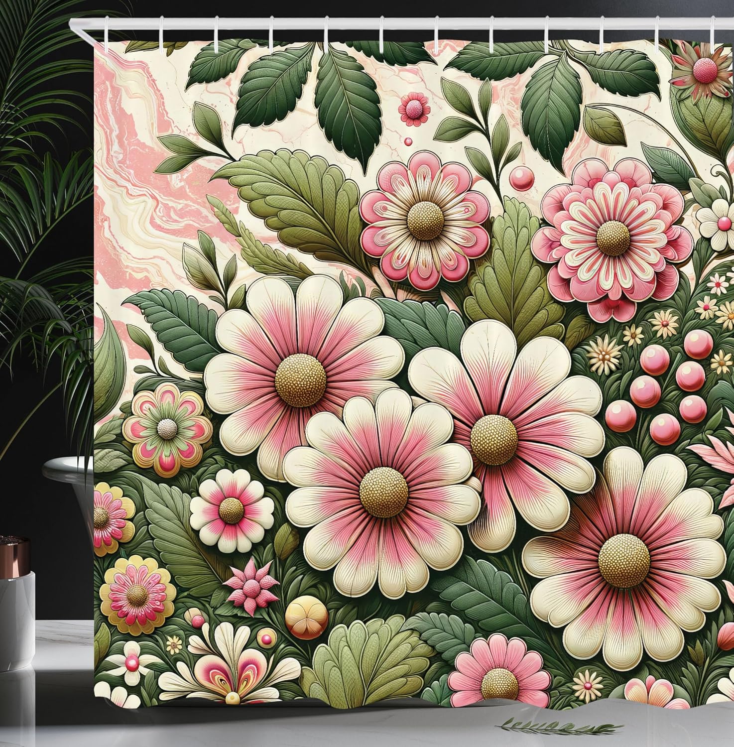 Ambesonne Floral Shower Curtain, Spring Themed Pattern of Bold Blooming Petals Flowering 70s Garden, Cloth Fabric Bathroom Decor Set with Hooks, 69" W x 84" L, Pink Reseda Green and Ivory