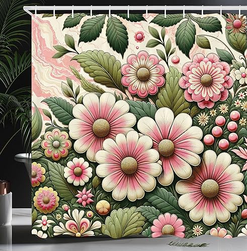 Miniatura 30 de Ambesonne - Cortina de ducha hippie, flores de aspecto de margaritas en ondas groovies abstractas estilo retro de los años 60 y 70, juego de Azul