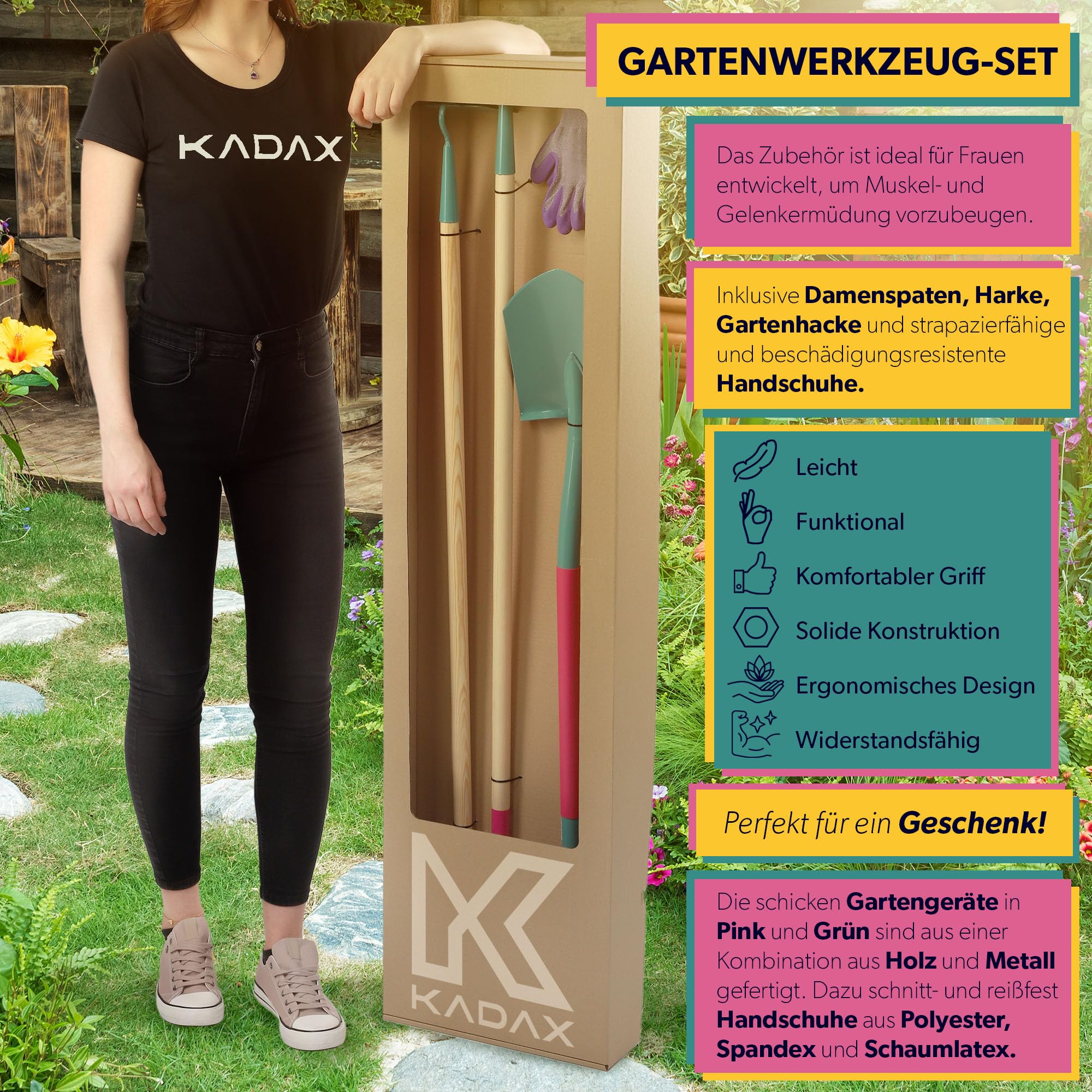 KADAX Gartenwerkzeug-Set, 4er Set, Metall Spaten, Rechen und Hacke, Gartenwerkzeug für Damen, Inclusive Handschuhe, Gartenset, Gartengeräte