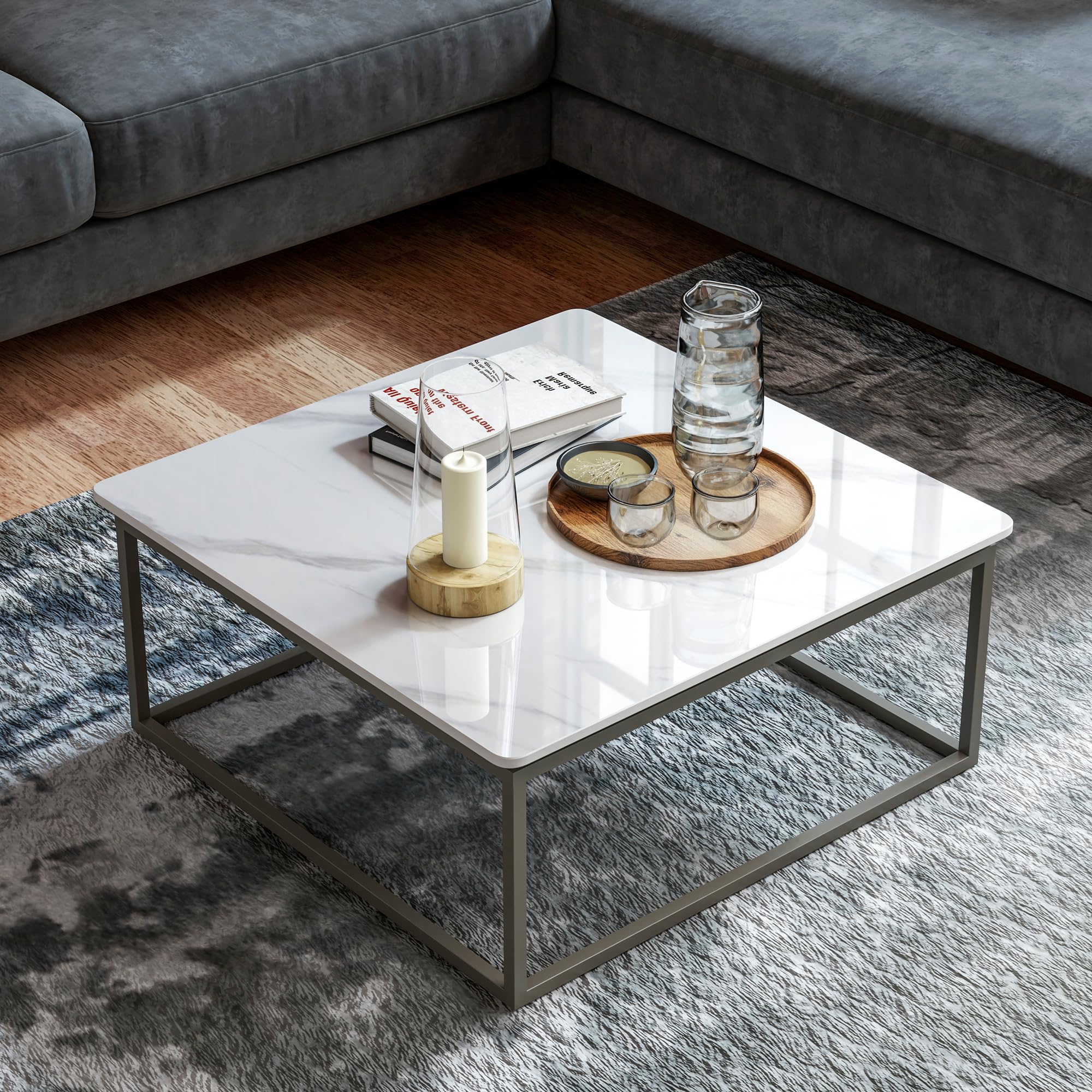 ZL ZELing 70cm Carré Table en Pierre Sinterée Blanche - Tous Saisons, Intérieur/Extérieur, Convient pour Tables à Manger, Café et Tables d'Appui