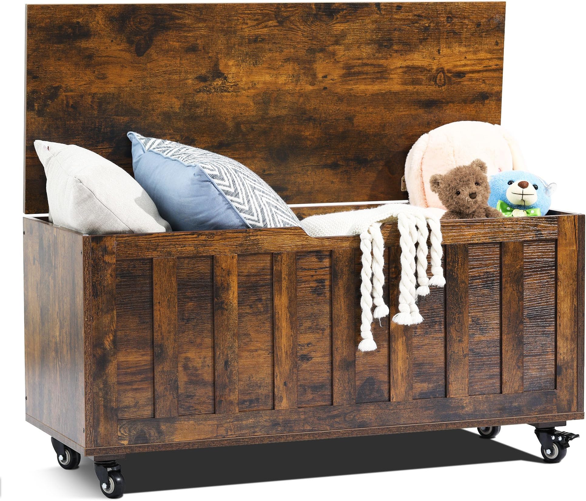 Storage Chest, 39.4'' Wooden Storage Bench with 4 Wheels, Shoe Bench with 2 Safety Hinges, Retro Toy Box Organizer Support 300 lbs for Bedroom, Living Room, Easy Assembly, Rustic Brown