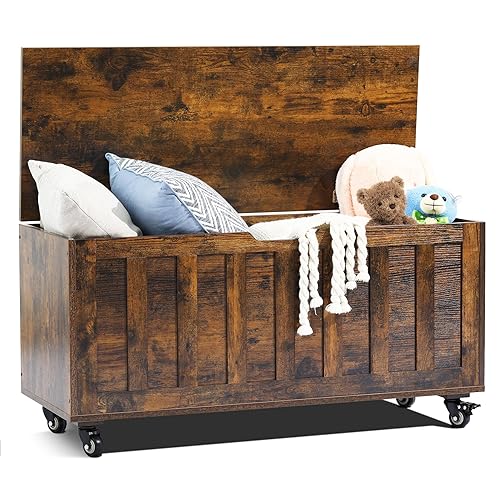 HYZ Storage Chest, 39.4'' Wooden Storage Bench with 4 Wheels