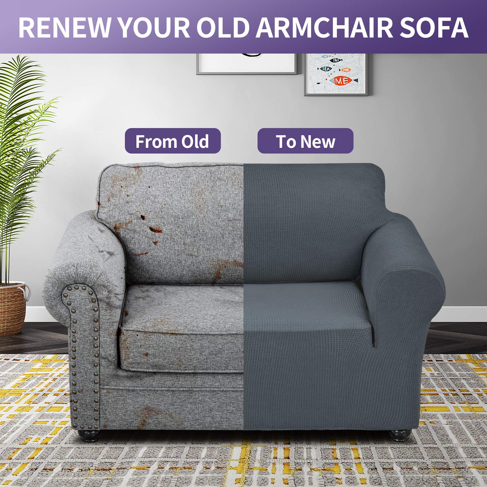 Joccun Stretch Chair Couch Cover,1-Piece Water Repellent Sofa Slipcover Spandex Jacquard Fabric Sofa Covers with Elastic Bottom,Washable Furniture Protector for Dogs,Cats,Kids(Armchair,Gray)