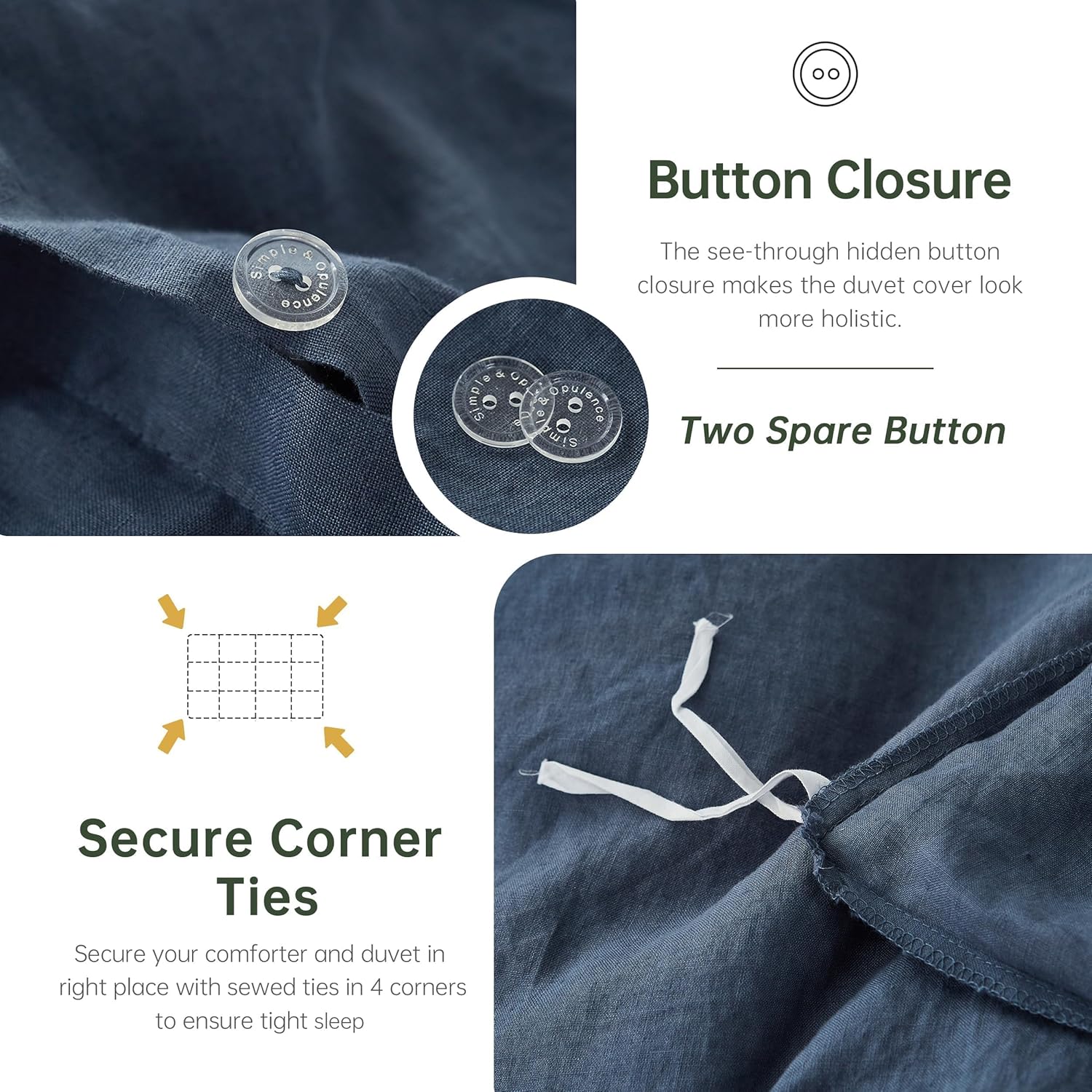 Simple&Opulence 100% Linen Duvet Cover Set, 3 PCS Classic Blue Duvet Cover King Size, Breathable Soft Comfy Linen Bedding Comforter Cover with 2 Pillowcases(Classic Blue, 104"x92") - Image 4