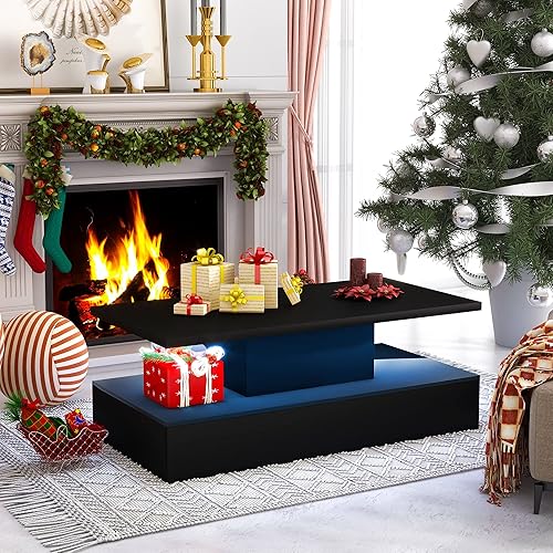 Merax Mesa de centro negra con luz LED de 2 niveles de 472 pulgadas mesa de cóctel de diseño industrial moderno con iluminación LED de 16 colores y