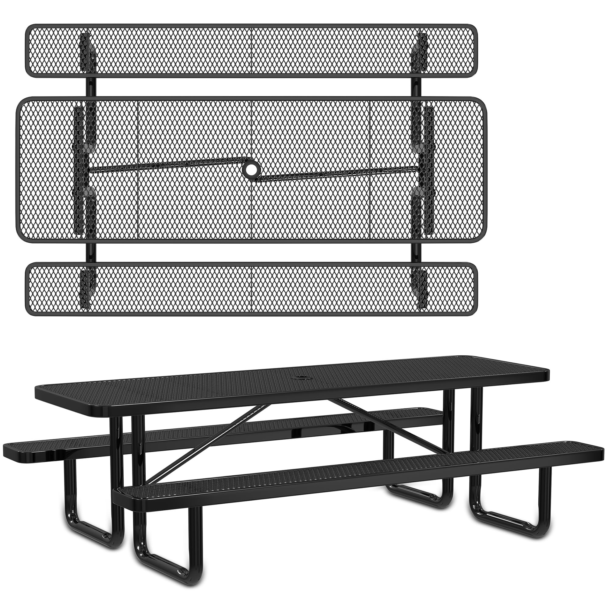 Leisure Craft Metal Picnic Table with Bench - 8 ft Rectangle Outdoor Dining Table for 8, Umbrella Hole, Weatherproof Heavy Duty Thermoplastic Coating,