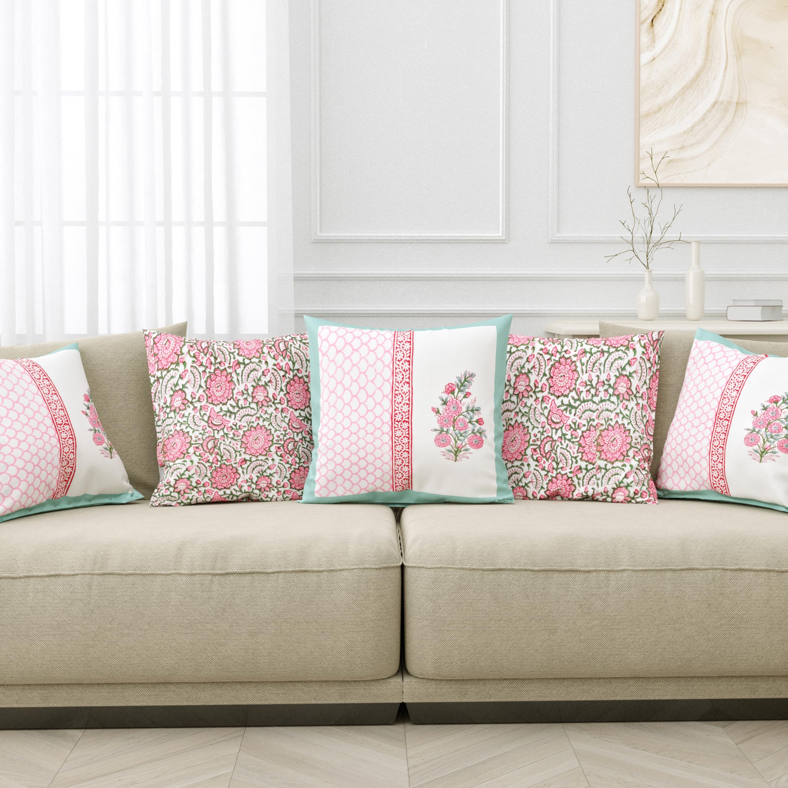 BLOCKS OF INDIA Hand Block Printed Cotton 250 TC Linen Cushion Cover (16 X 16 Inches) (Color 3),Multicolor