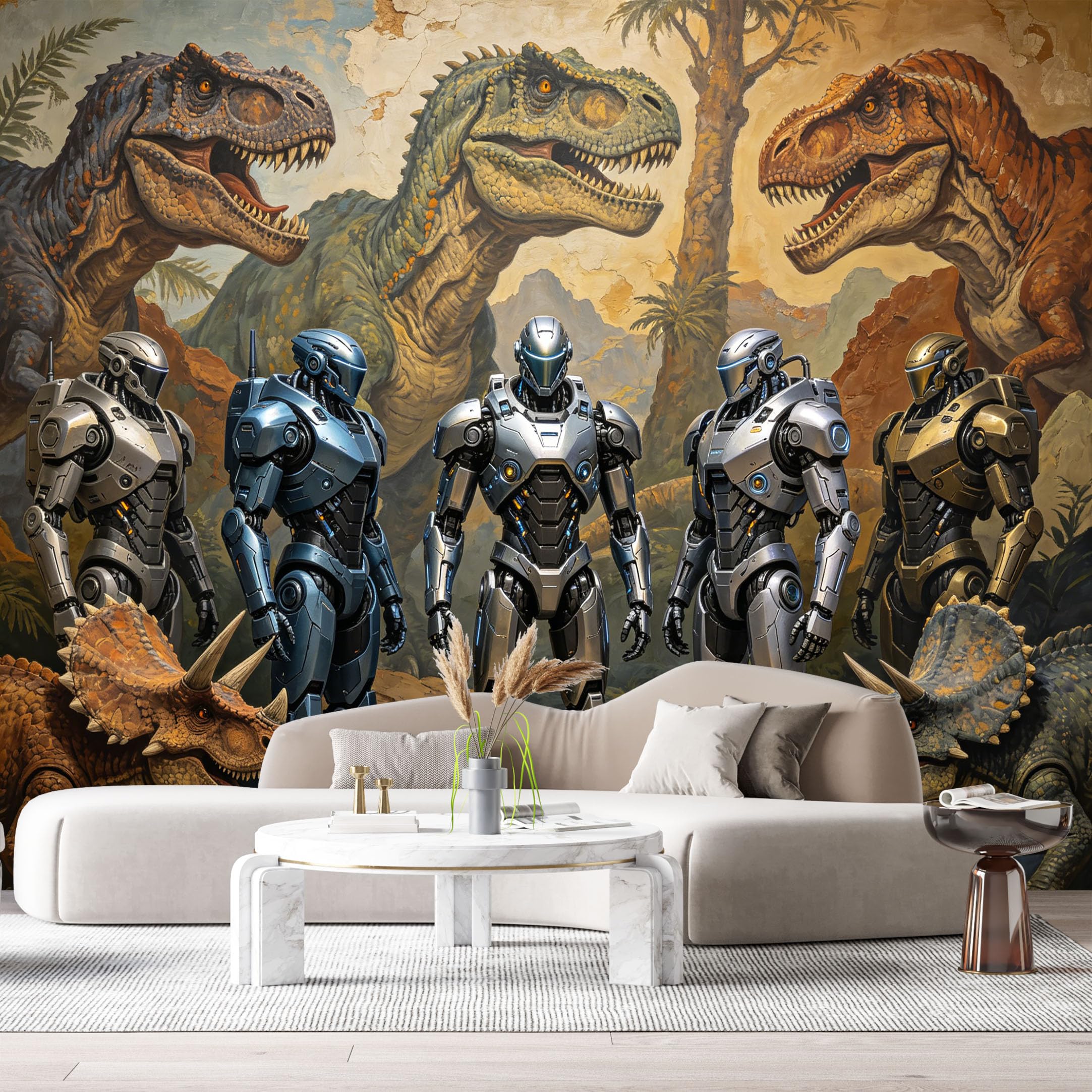 Custom Size Wall Mural Futuristic Mech Warriors with Dinosaurs Science Fiction SelfAdhesive Art Prints Removable Large Wallpaper Esports Room Game Room Tenant Room Studio