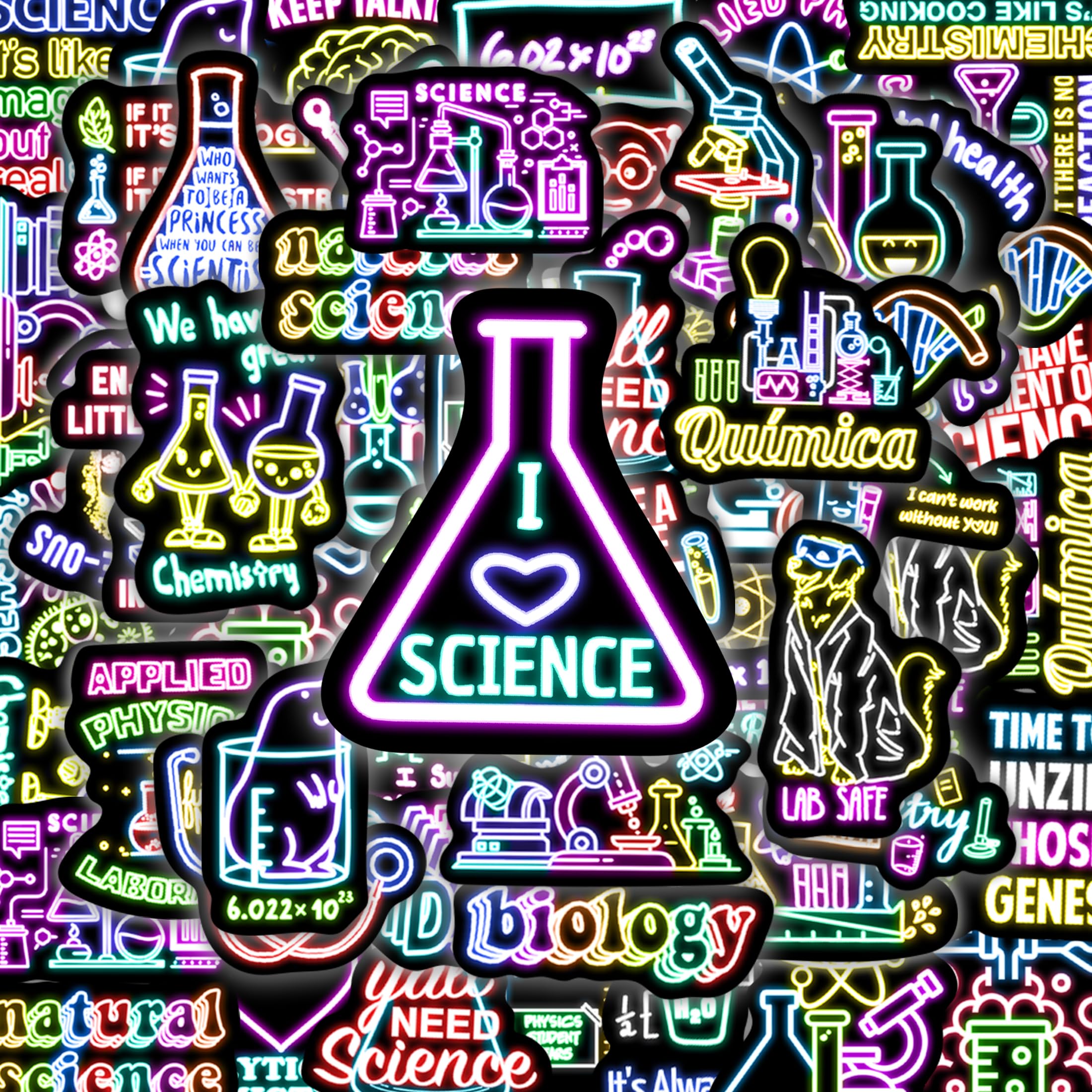 50 Pcs Natural Sciences Neon Stickers, Chemistry, Biology, Physics, Science Classroom Decor for School Teacher Student, Laboratory Decals for Laptop,