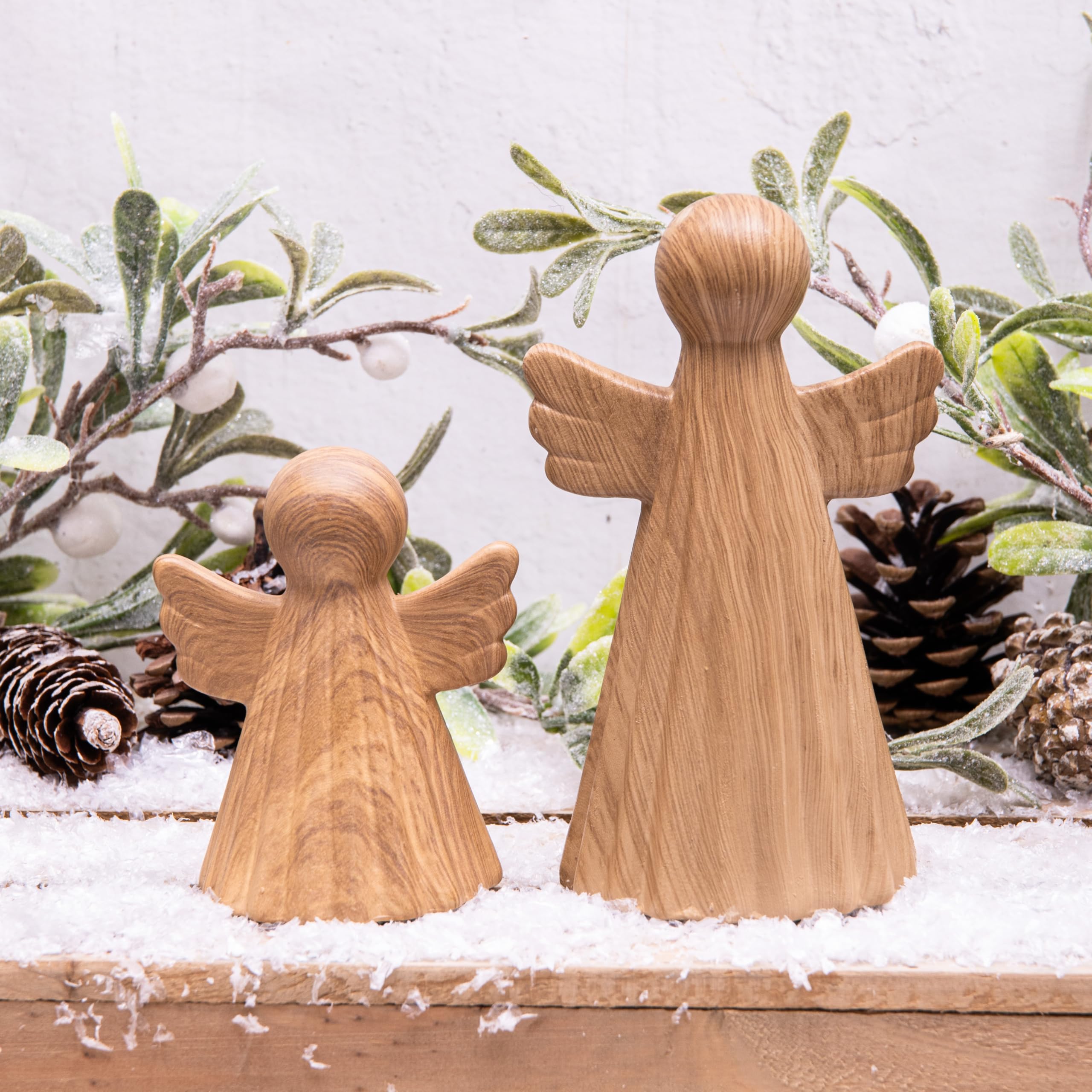 2 x Porcelain Ceramic Angels Carved Wood Effect Christmas Ornament Decoration Set
