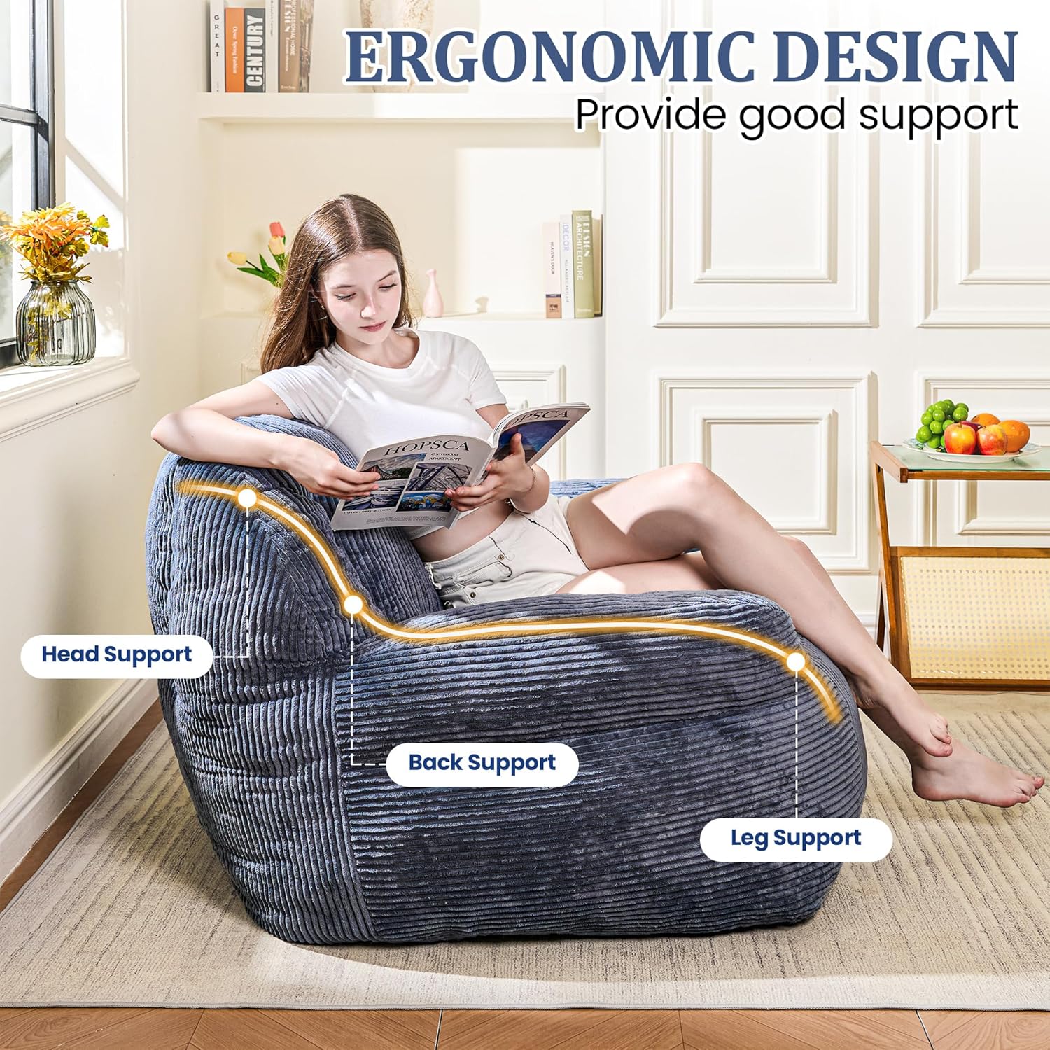Bean Bag Chair, Faux Fur Bean Bag Chairs for Adults, Fluffy and Comfy Bean Bag with Filler, Bean Bag Sofa Chair for Reading, Gaming, Stuffed High-Density Foam (Grey)