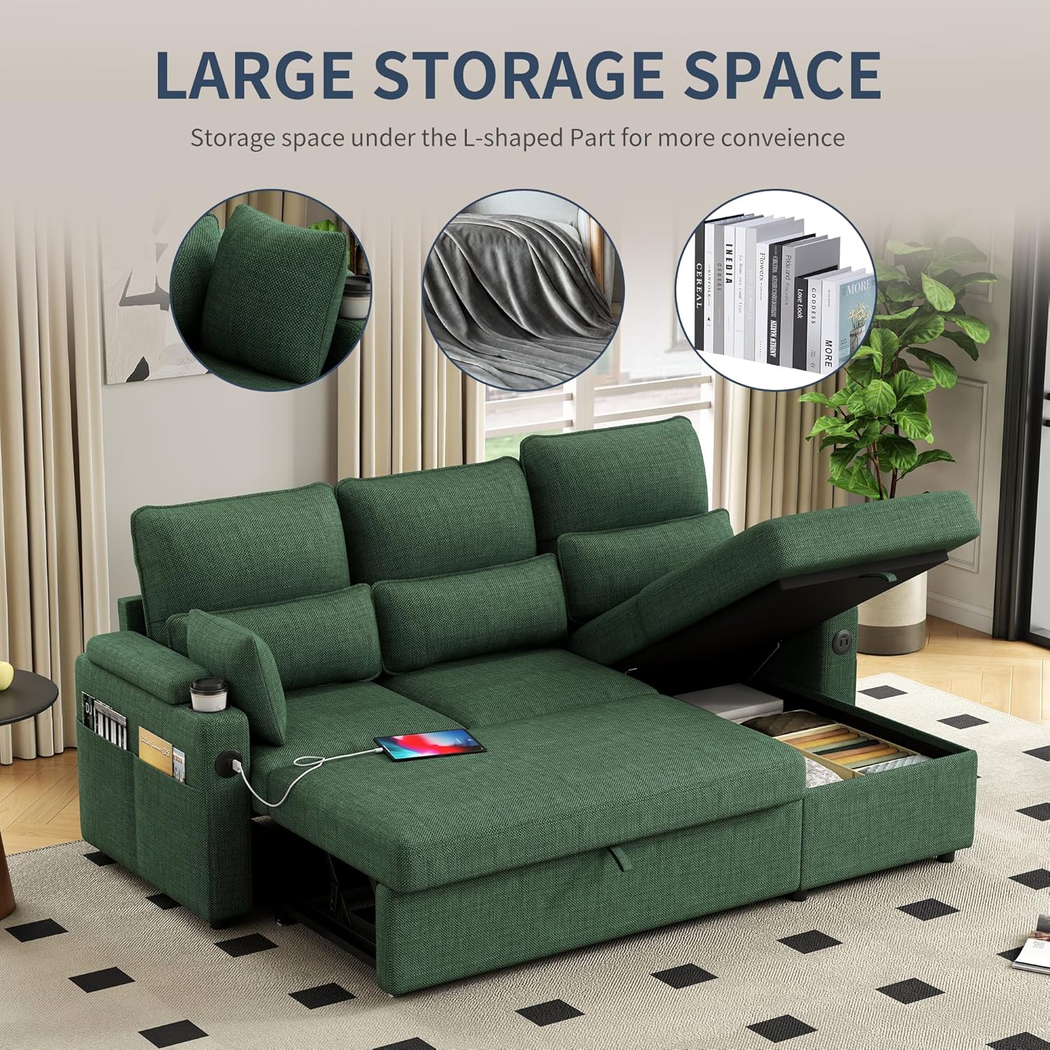 81" L-Shaped Sectional Sofa Couch, Pull-Out Sleeper Sofa Bed with Storage Chaise, Double Cup Holders, Dual USB Charging Ports, Couches for Living Room Apartment