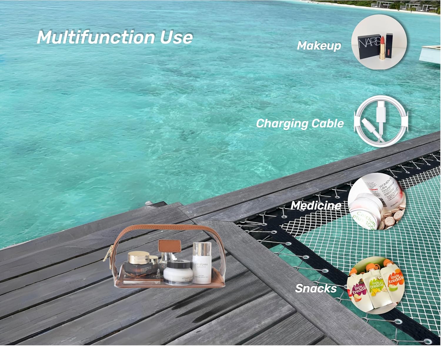 Clear Makeup Bag, Leather Makeup Case, Travel Toiletry Bag, Portable Cosmetic Bag, Transparent Waterproof Cosmetic Organizer Storage Bag (Brown, Large)