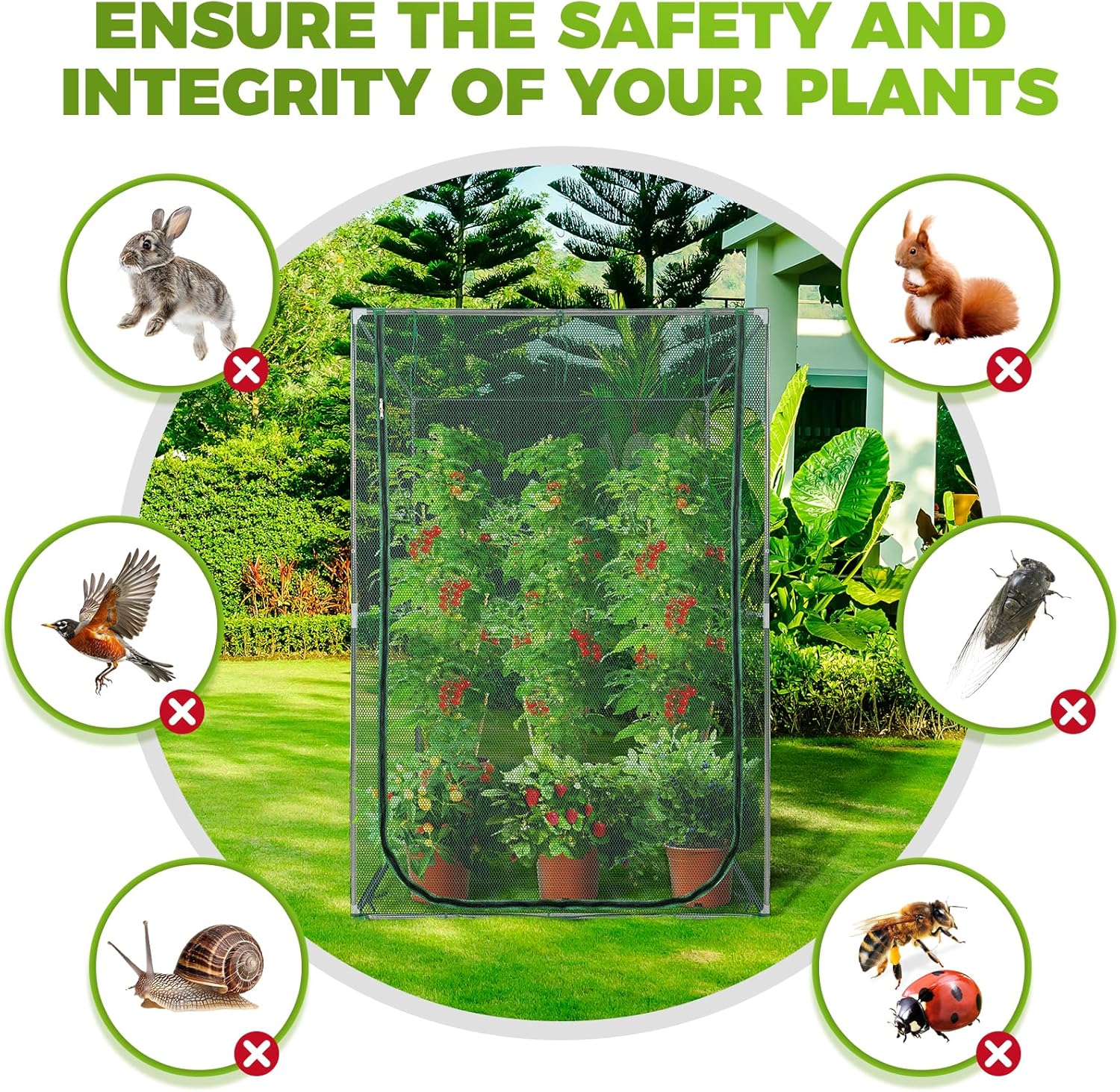 49x49x72in Portable Crop Cage Large Garden Plant Netting with Rolling Zipper Door Plant Tent for Vegetable and Fruit Gardening Netting, Durable Raised Bed Garden Netting, Green