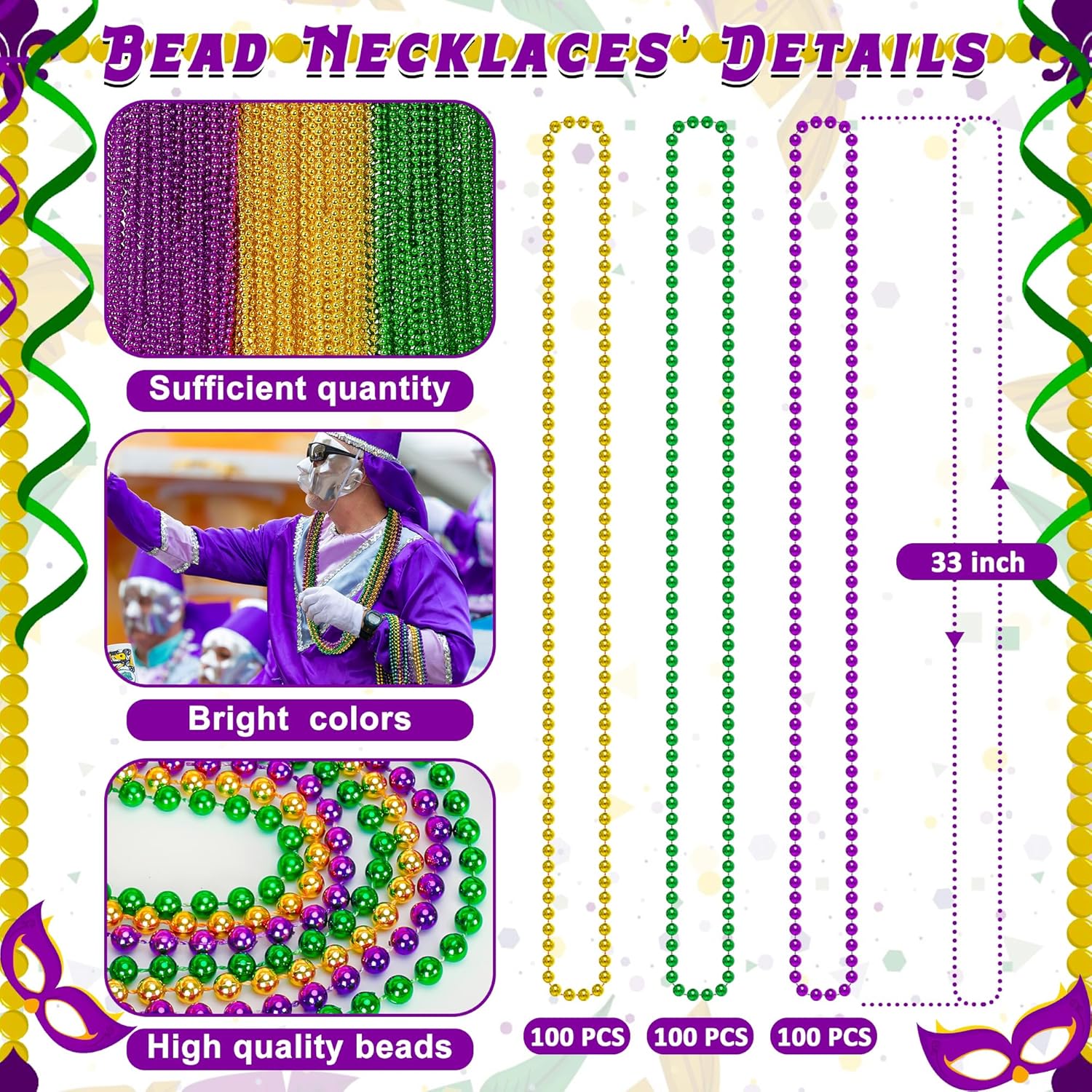 300PCS Mardi Gras Beads Bulk, Mardi Gras Beads Necklace, Parade Throw Accessories Set Decorations Party Supplies - Image 2