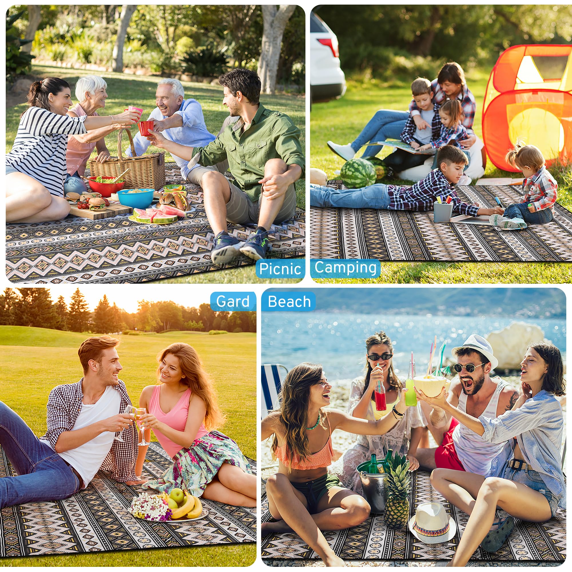 COZCLAM Manta Picnic Impermeable, 200 x 200 cm Mantel Picnic, Portátil Picnic Blanket, Alfombra Exterior, Manta Playa, Lavable a máquina, Aislante, Ideal para Playa, Picnic, Camping (Negro)