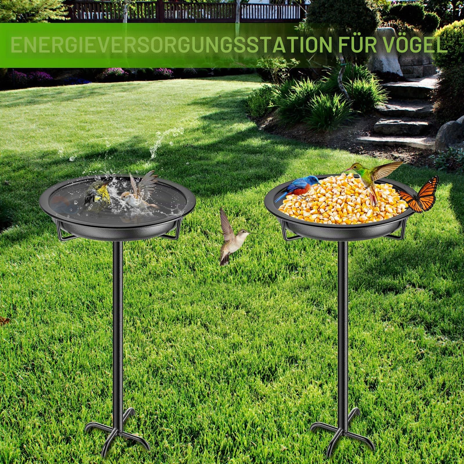 Vogeltränke aus Metall für den Außenbereich, Garten, 91,9 cm Höhe, freistehende Vogelfutterspender für den Außenbereich, mit 4 Zinken, Bodenpfahl, stehende Vogelfutterspender für Hof,
