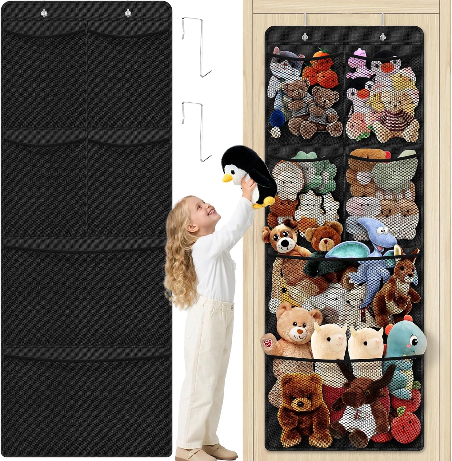 SpaceHacks Stuffed Animal Storage, Black, Large Over the Door Organizer