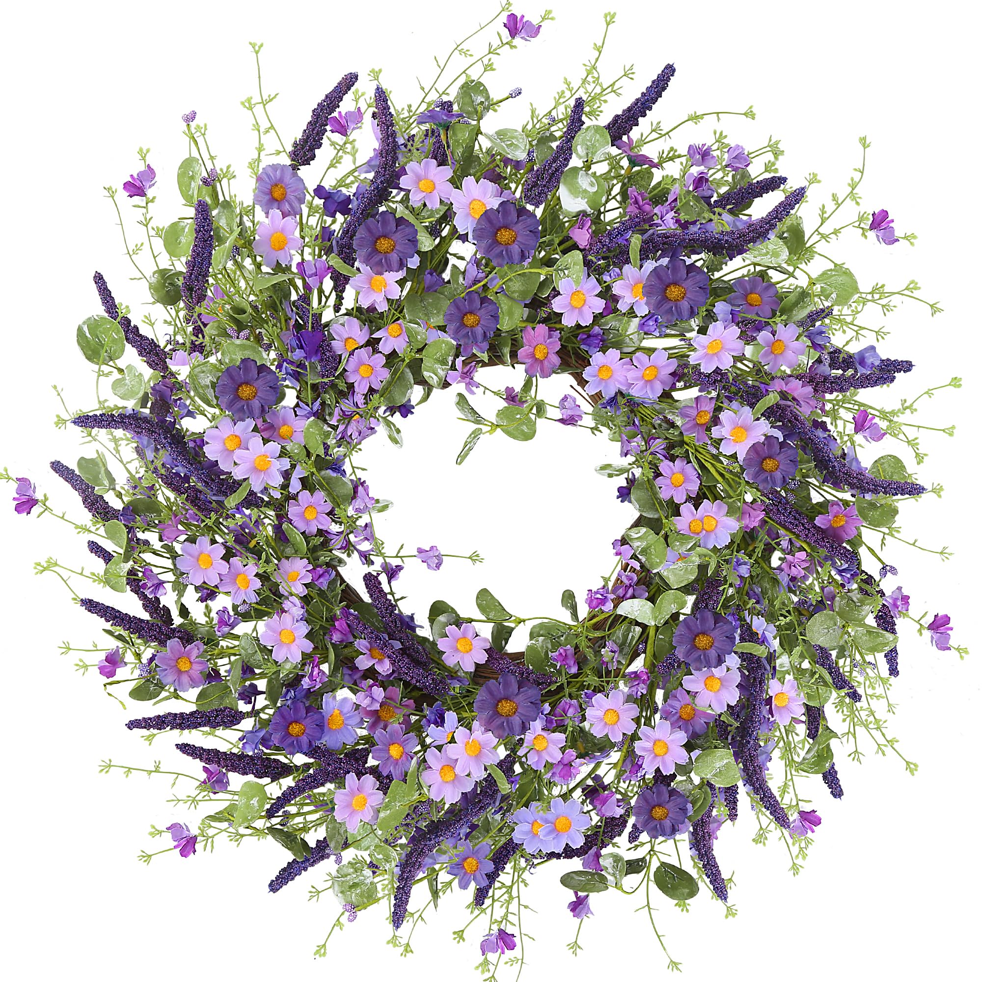 Sggvecsy Purple Daisy Wreath 24 Inch Spring Summer Wreath with Fake Silk Floral Green Eucalyptus Leaves and Lavender