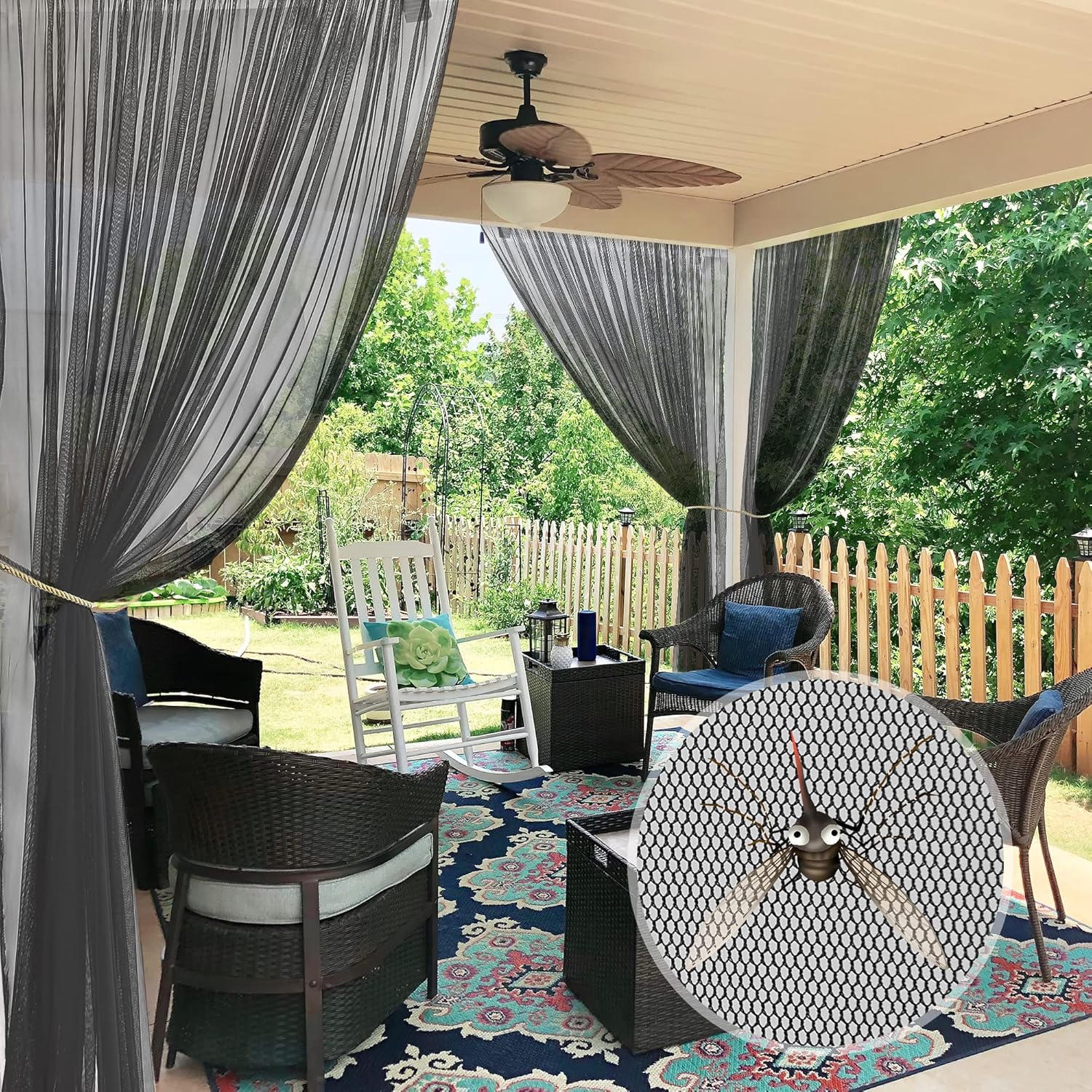 RYB HOME 2 Panels Porch Screen Mesh Outdoor Curtains Lightweight Mosquito Netting for Patio Gazebo Pool Hut Bug Netting Size Adjustable, Black, 118 inches Wide x 108 inches Long