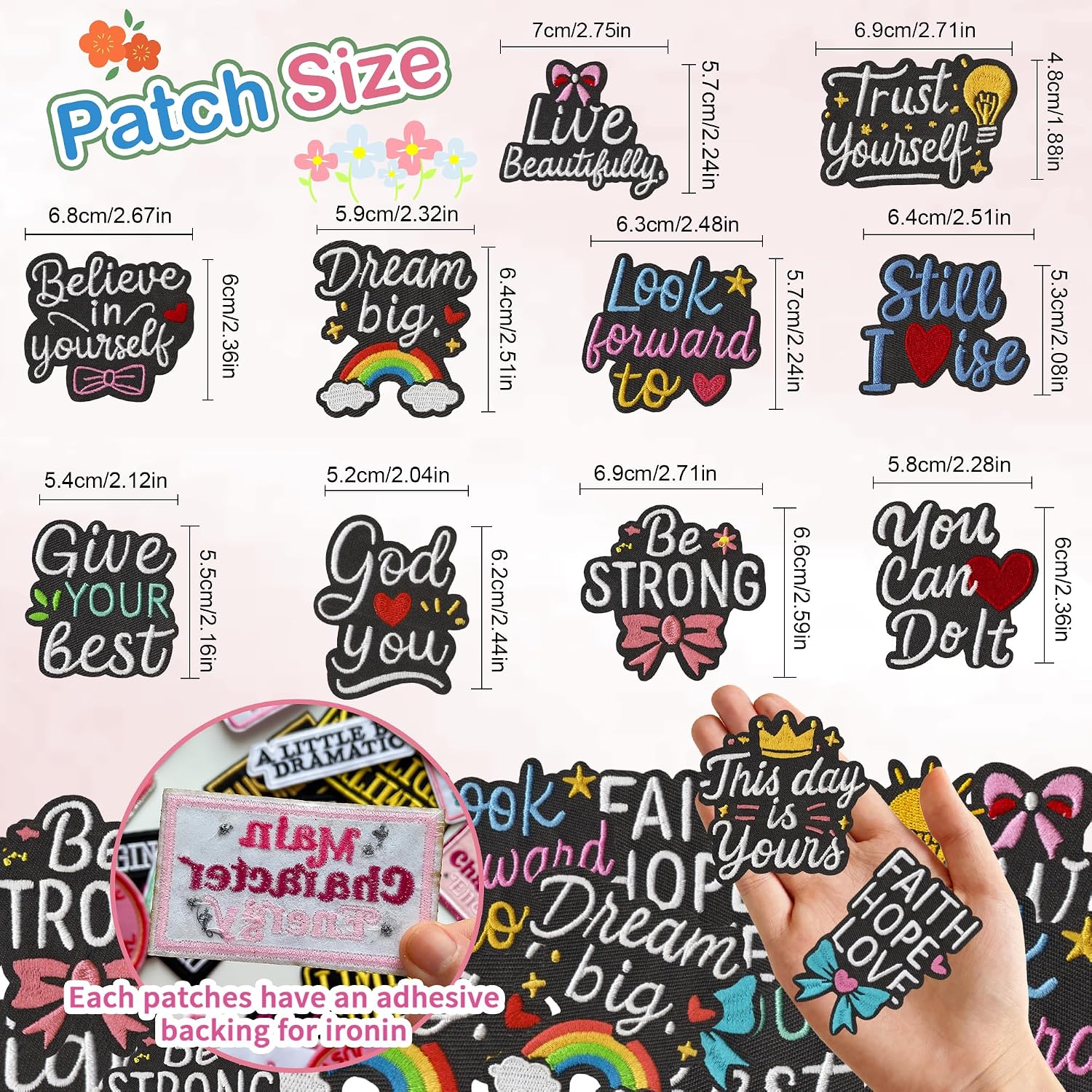 16 Pcs Positive Affirmations Patches, Inspirational Phrase Words Embroidered Applique Patches for Clothes Trucker Hat Backpacks