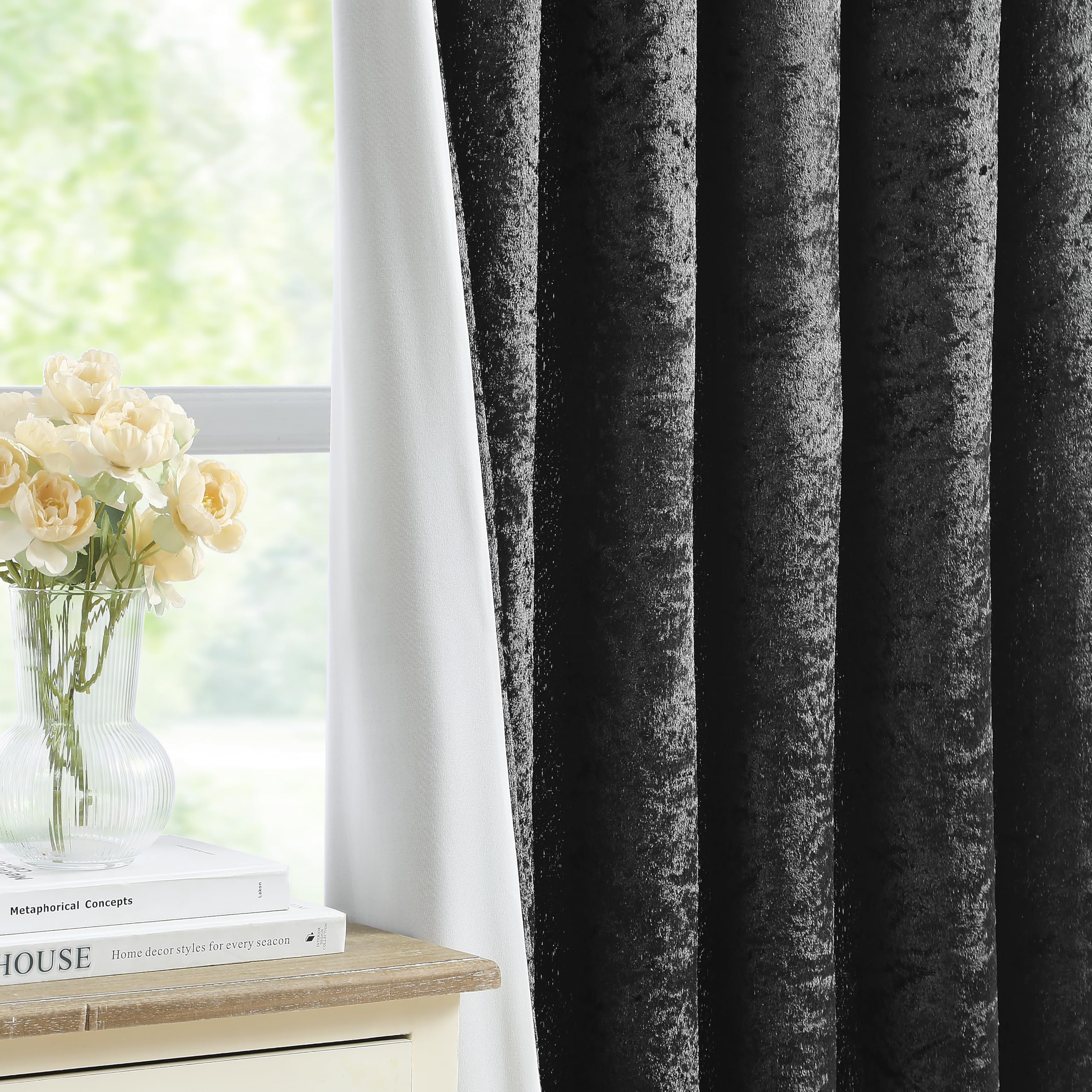 Bujasso Black Full Blackout Velvet Curtains 54 inch 2 Panels Eyelet Thermal Insulated Blackout Lining Drapes for Living Room Crushed Velvet Room Darkening Curtains Grommet Top W66xL54
