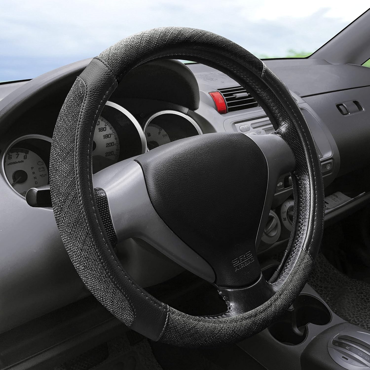Elantrip Black Gray Microfiber Leather Steering Wheel Cover 14 1/2 to 15 inch