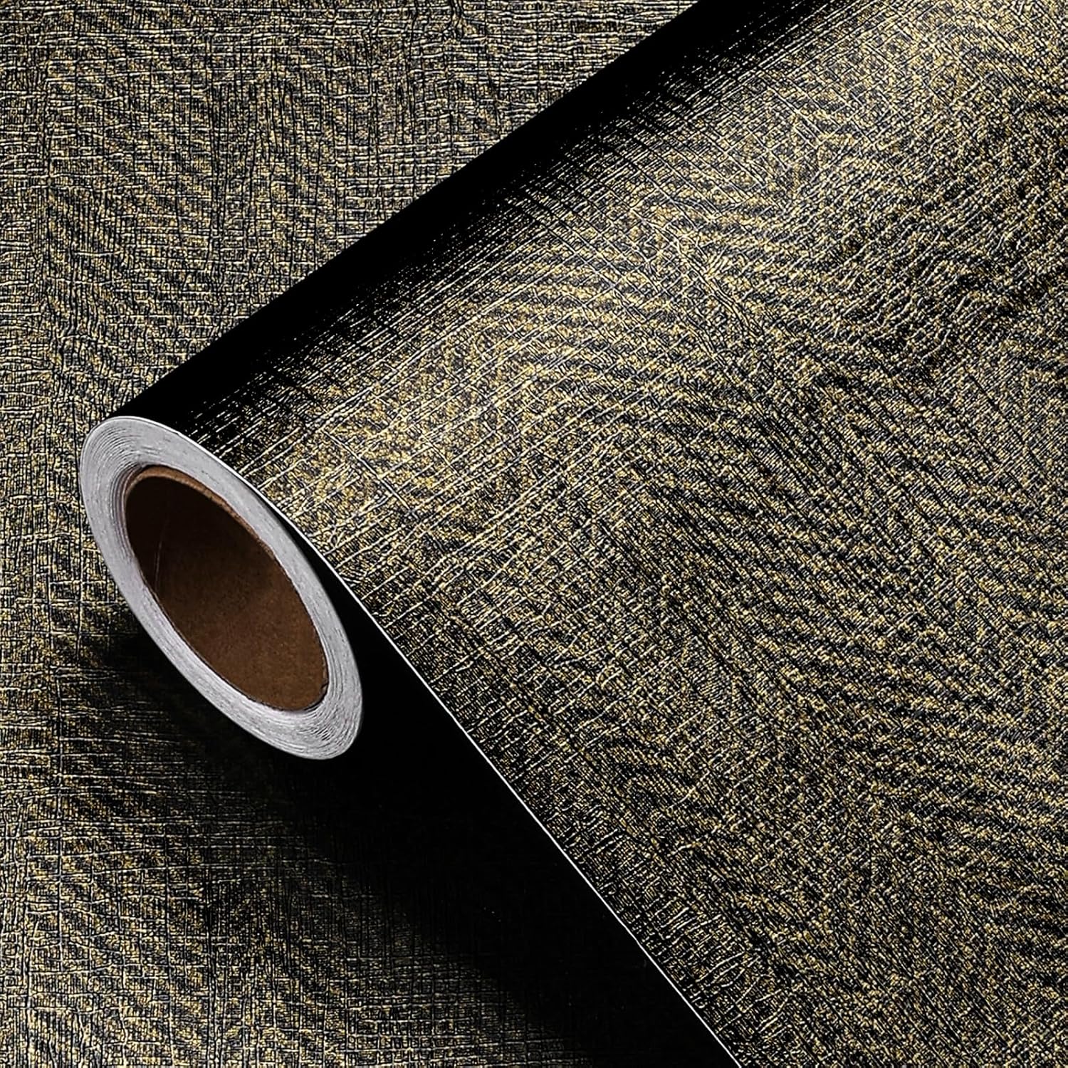30"x160" Black and Gold Wallpaper Grasscloth Peel and Stick Wallpaper Herringbone Faux Linen Wall Paper Textured Self Adhesive Grasscloth Contact Paper Removable for Walls Renter Friendly