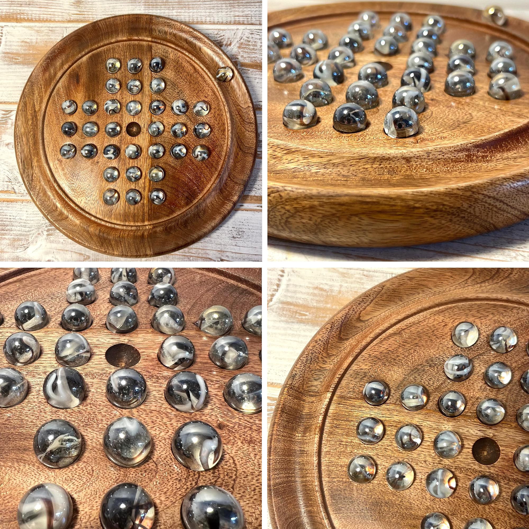 Jeu de société solitaire en bois de 22 cm de diamètre avec billes de verre tourbillonnantes transparentes | jeu de solitaire classique en bois | jeu de société de stratégie | jeu de société familial |